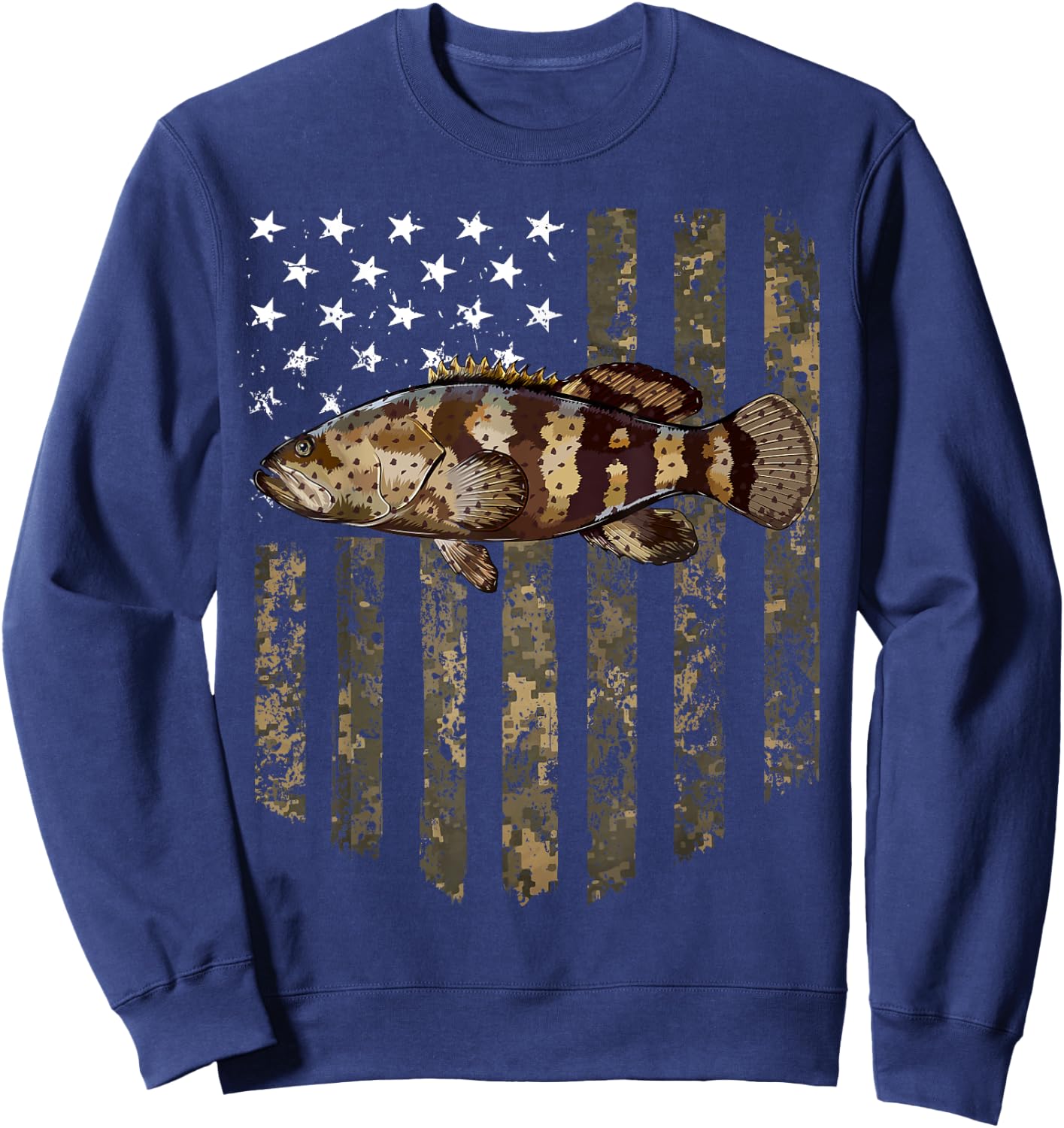 Camo American Flag Goliath Grouper Fishing 4th Of July Sweatshirt - Sweatshirt | Navy