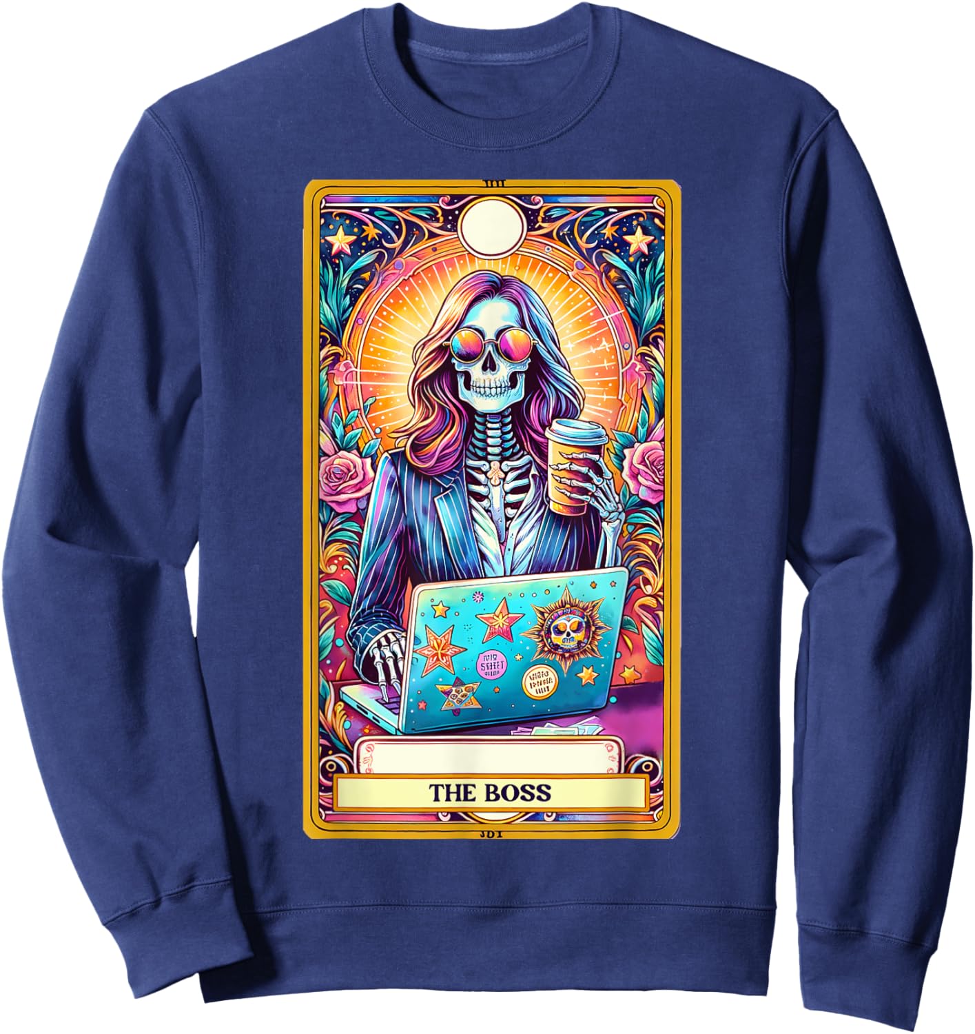 Women Boss Tarot Card Skeleton Work Hustle Leadership Coffee Sweatshirt - Sweatshirt | Navy