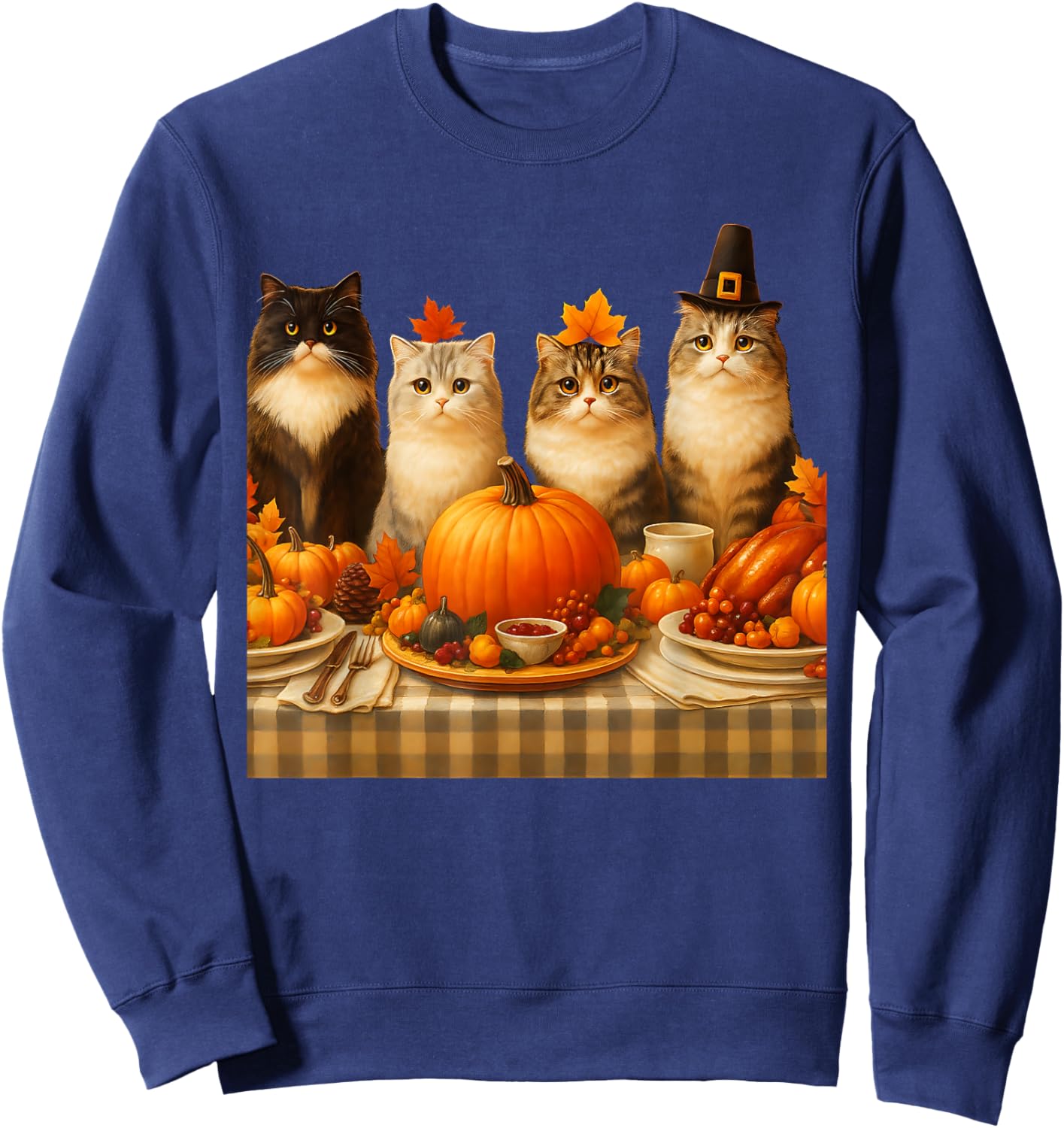 Thanksgiving Cats Dinner Feast Vintage Fall Men Women Kids Sweatshirt - Sweatshirt | Navy