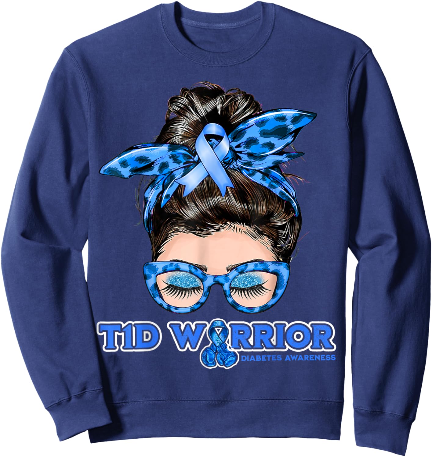 Messy Bun Type 1 Diabetes Awareness Diabetic T1D Warrior Sweatshirt - Sweatshirt | Navy