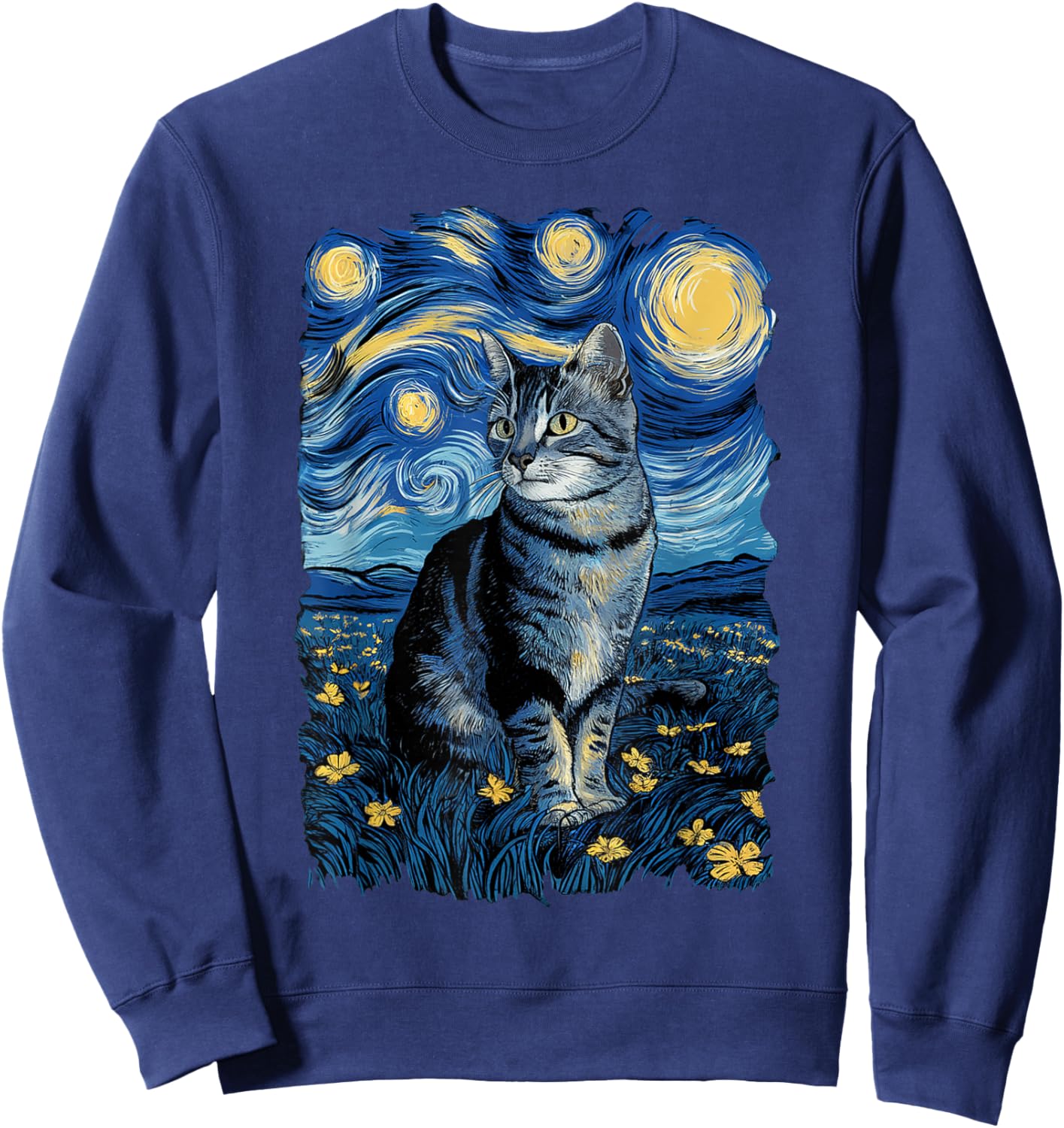 Van Gogh Cat Gifts Tabby Cat Owners Cat Lady Black Men Cat Sweatshirt - Sweatshirt | Navy
