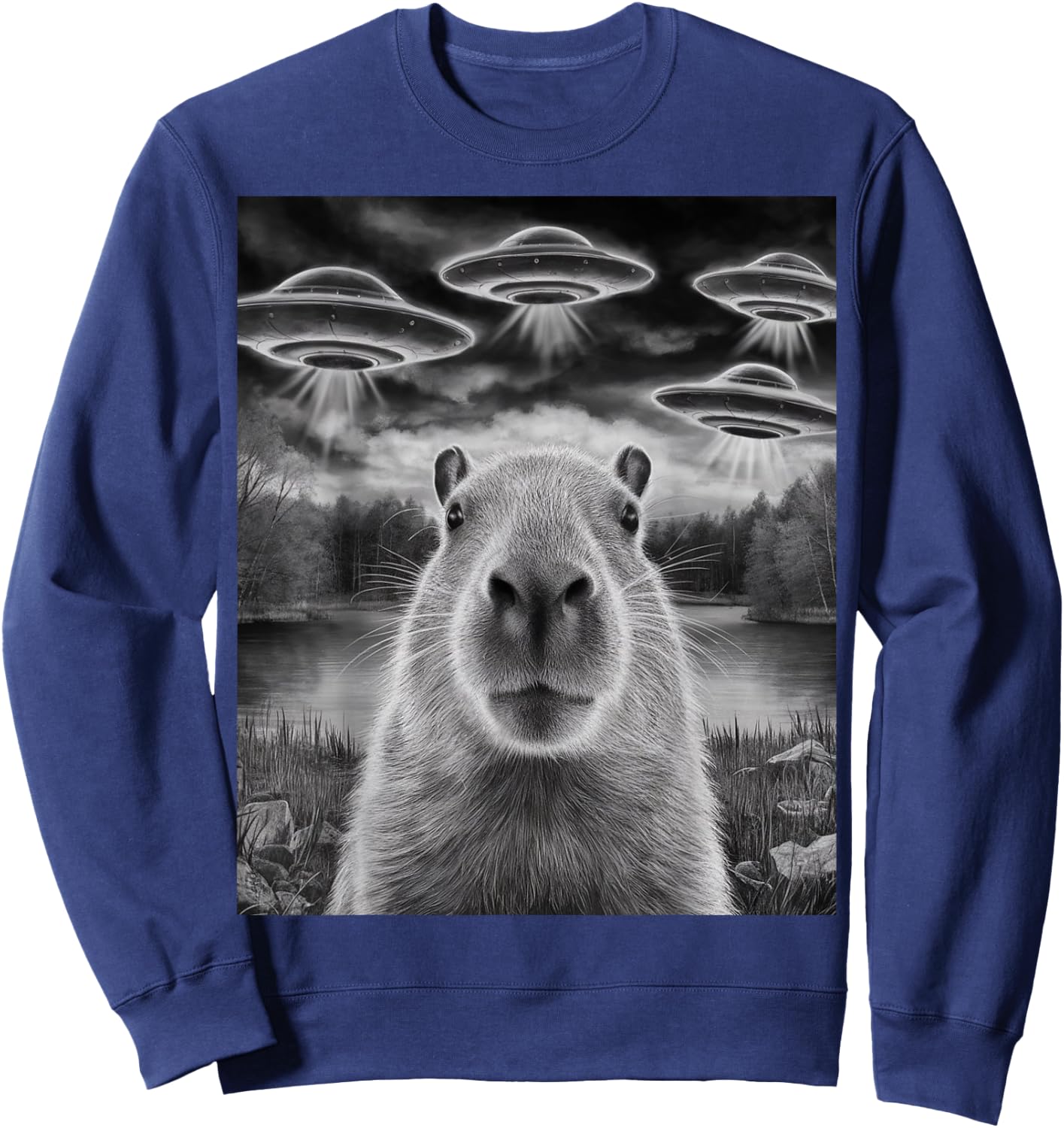 Funny Capybara Selfie with UFOs Weird Design Women Men Sweatshirt - Sweatshirt | Navy