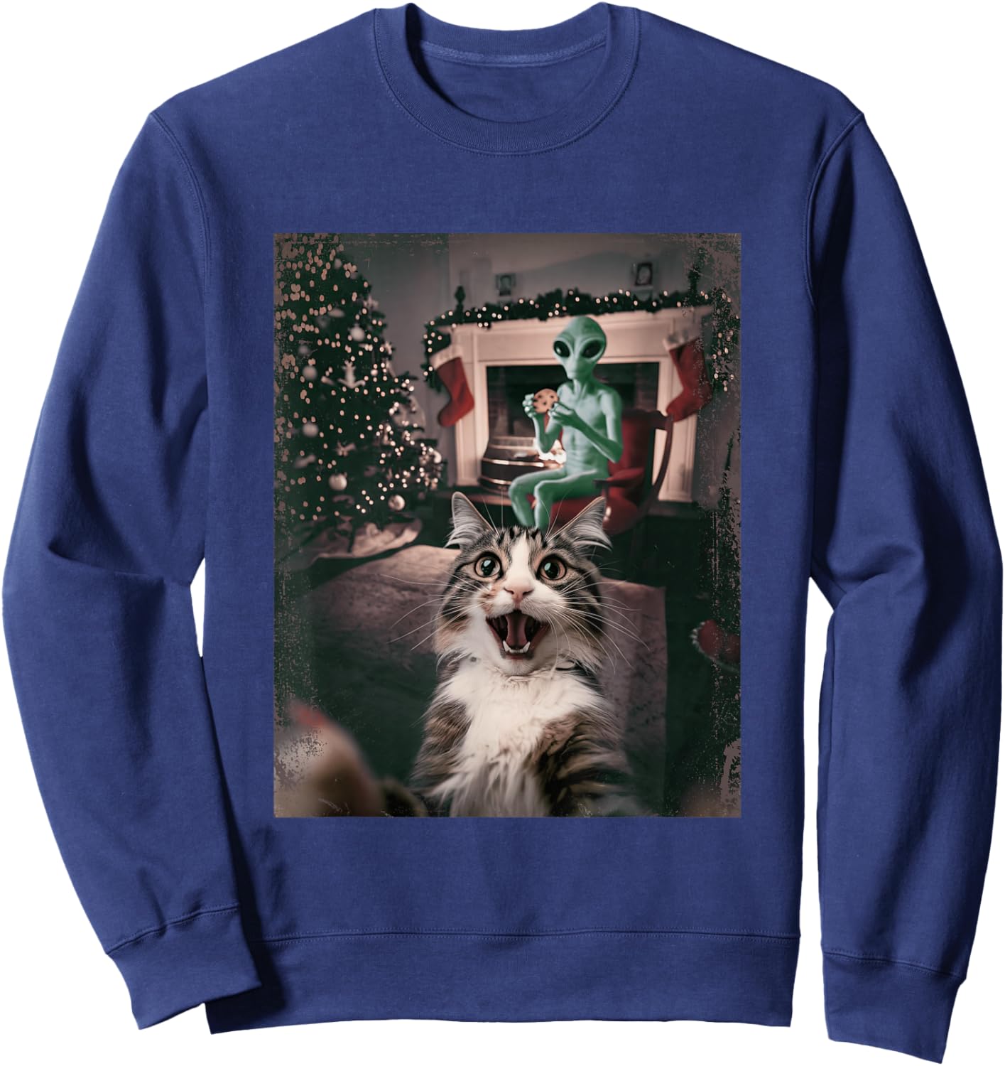 Funny Xmas Cat Selfie Alien Ugly Sweater Christmas Outfit Sweatshirt - Sweatshirt | Navy