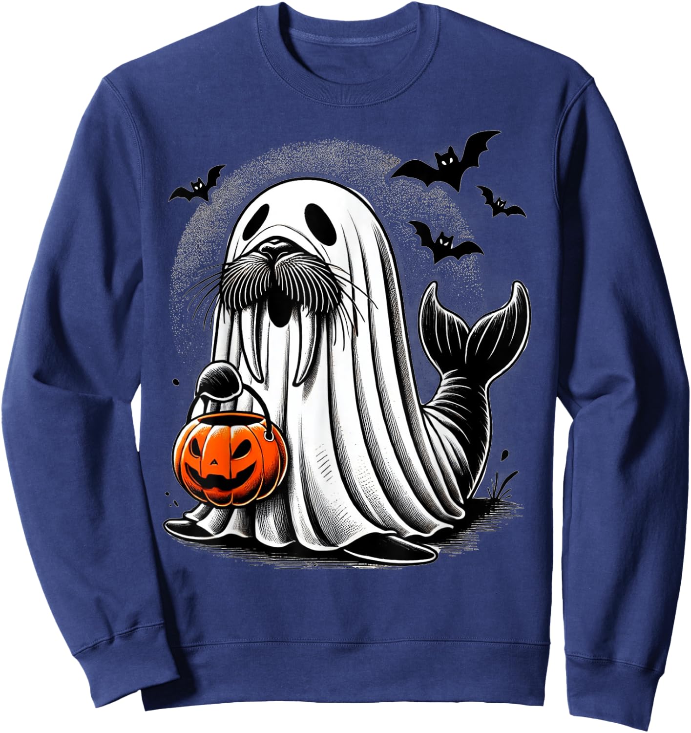Funny Halloween Seal Ghost Costume Walrus Holding Pumpkin Sweatshirt - Sweatshirt | Navy