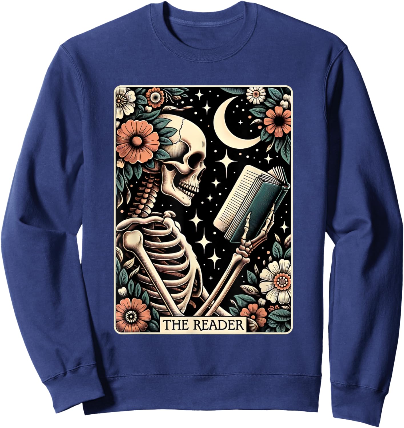 The Reader Tarot Card Skeleton Reading Book Bookworm Bookish Sweatshirt - Sweatshirt | Navy