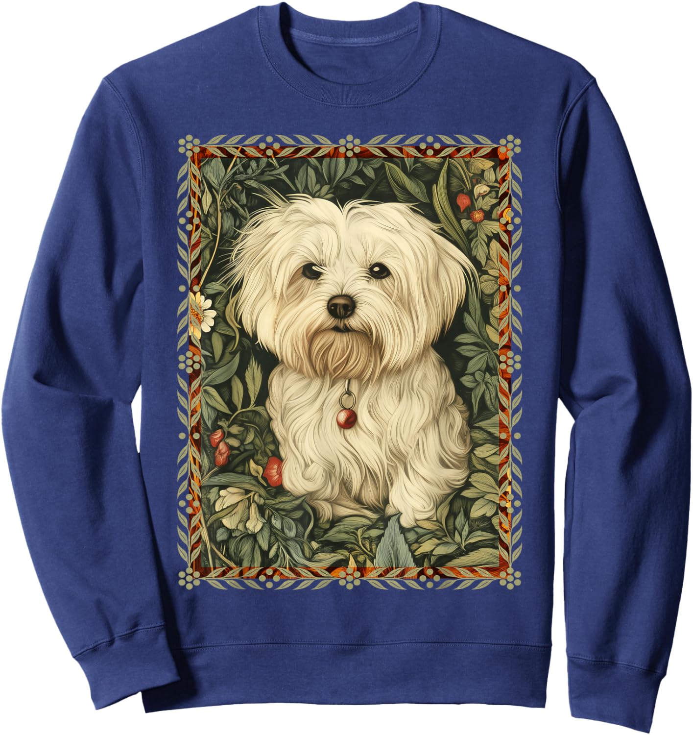 Maltese Dog in a William Morris Vintage Garden Sweatshirt - Sweatshirt | Navy