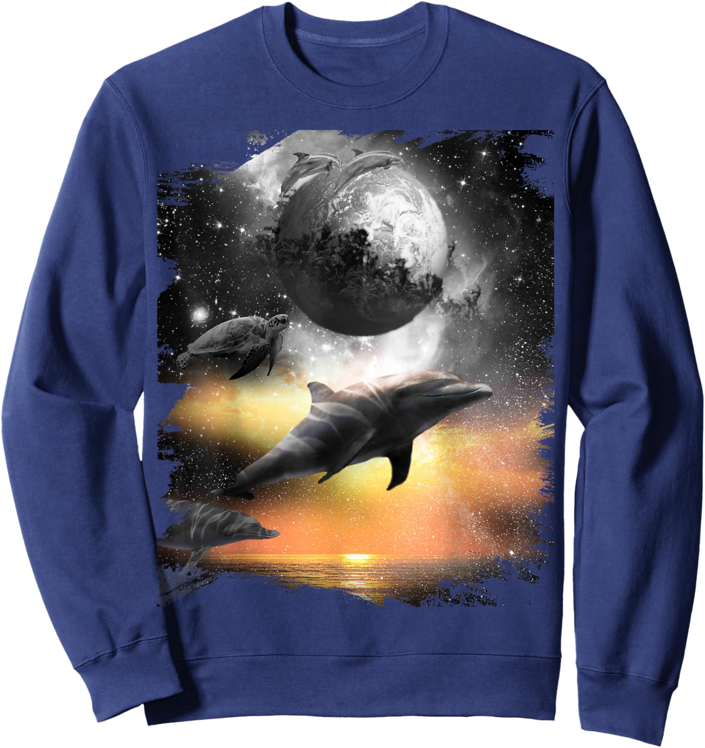 Black and White Space Dolphin, Celestial Dolphins Sweatshirt - Sweatshirt | Navy