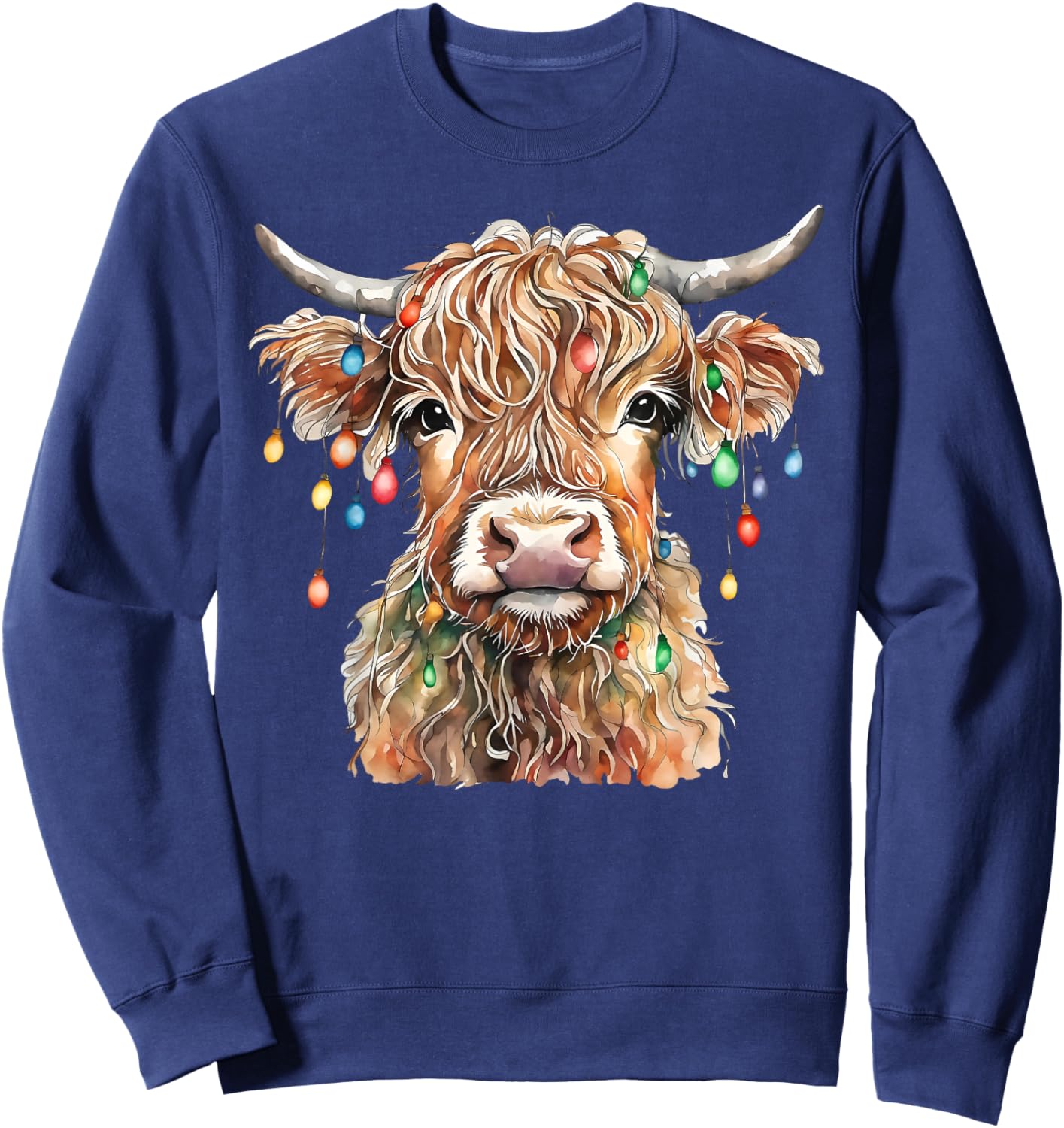 Highland Cow Xmas Lights Merry Christmas Pajamas Holiday Sweatshirt - Sweatshirt | Navy
