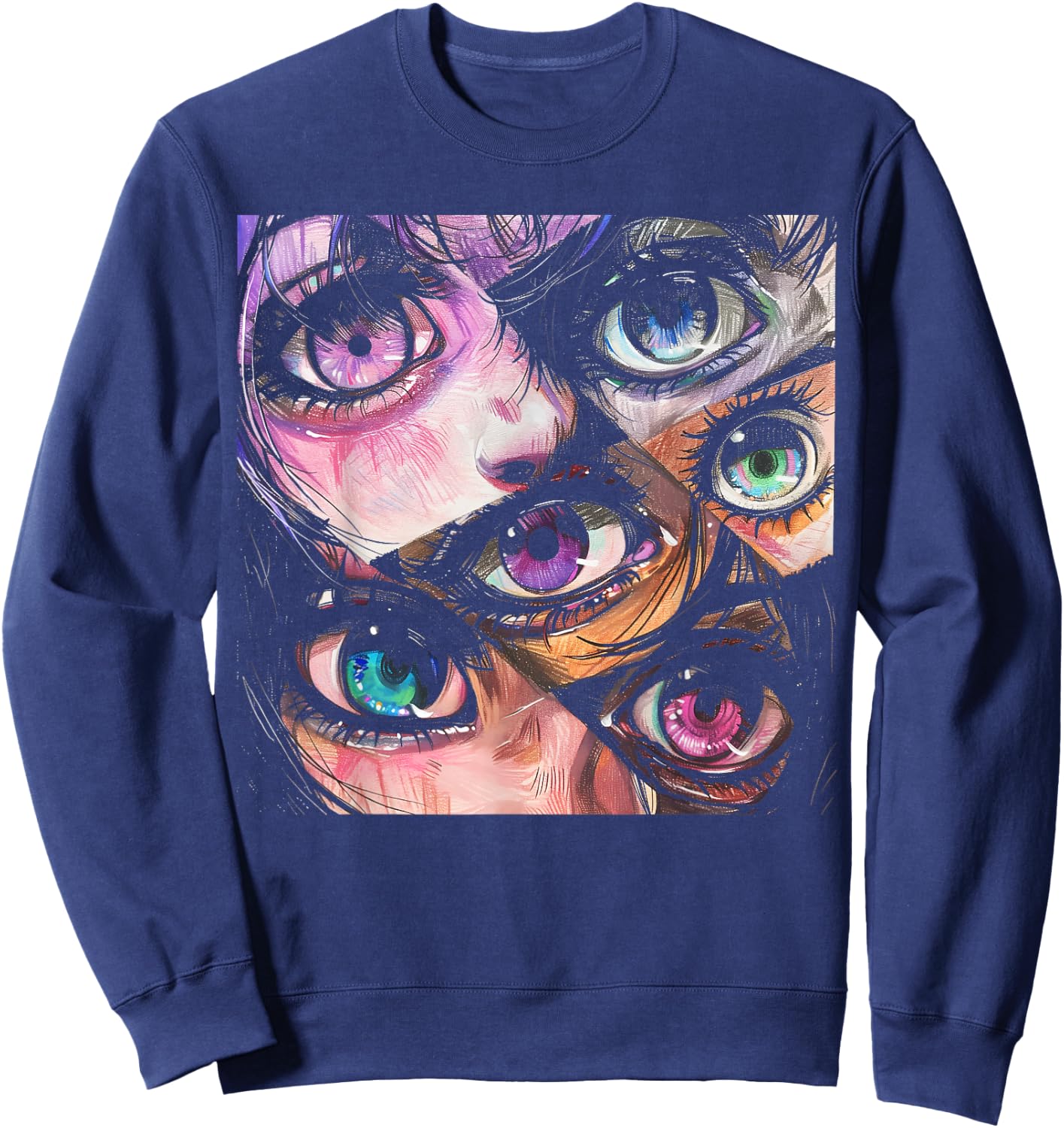 Anime Eyes Art Otaku Pastel Waifu Pink Grunge Alt Aesthetic Sweatshirt - Sweatshirt | Navy