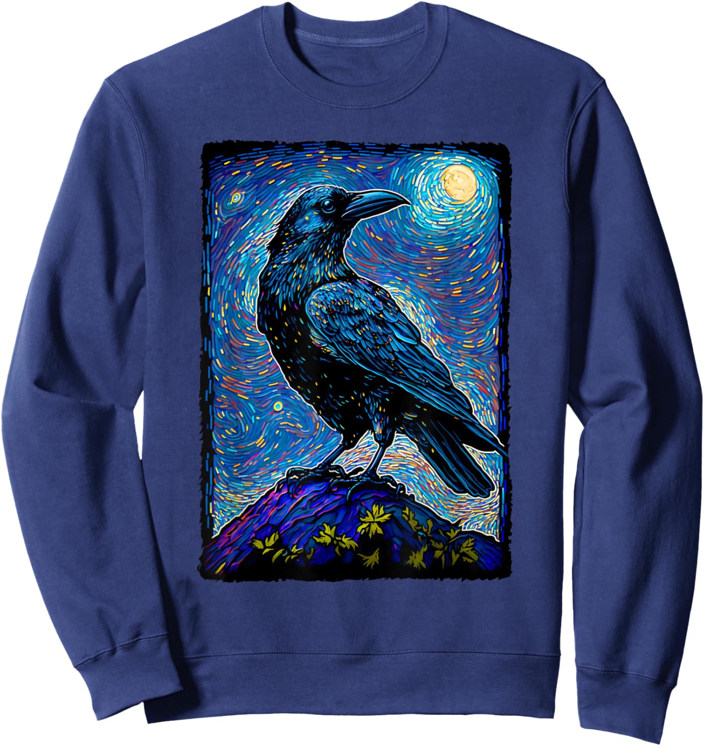 Raven Starry Night Style Painting, Van Gogh Crow Lover Sweatshirt - Sweatshirt | Navy