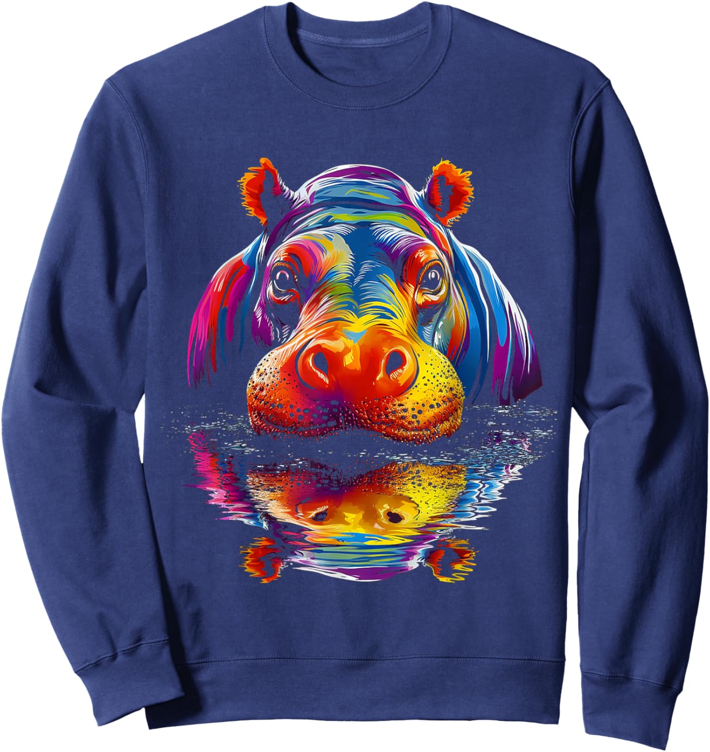 Hippo Colorful Art Animal Cute Graphic Motif Hippo Sweatshirt - Sweatshirt | Navy