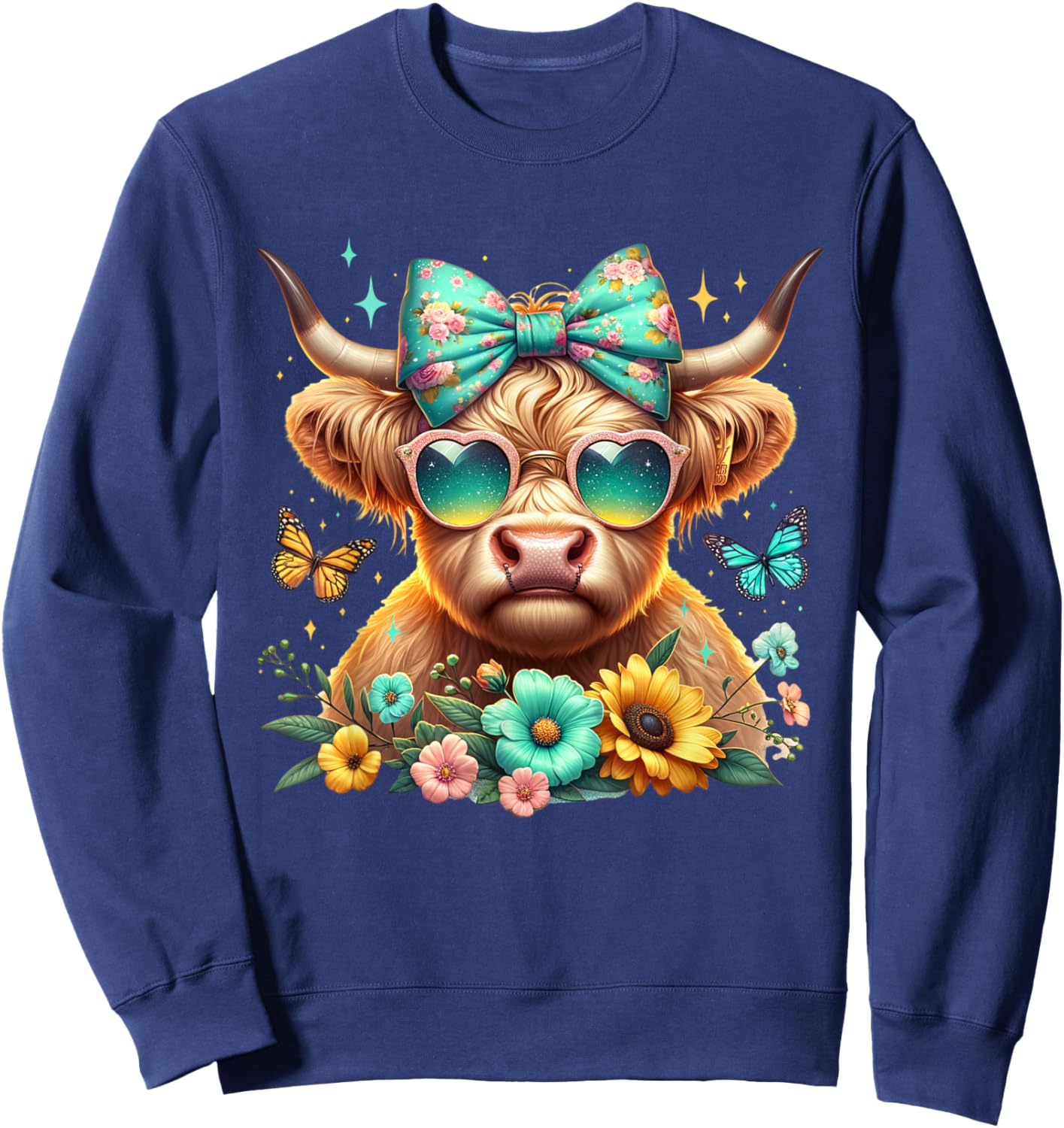 Highland Cow Mama Floral Bow Glasses Butterfly Orange Teal Sweatshirt - Sweatshirt | Navy