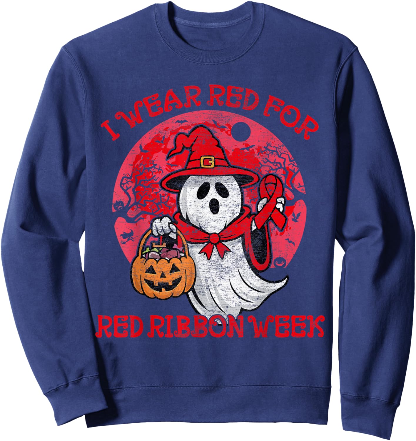 In October We Wear Red Halloween Red Ribbon Week Awareness Sweatshirt - Sweatshirt | Navy