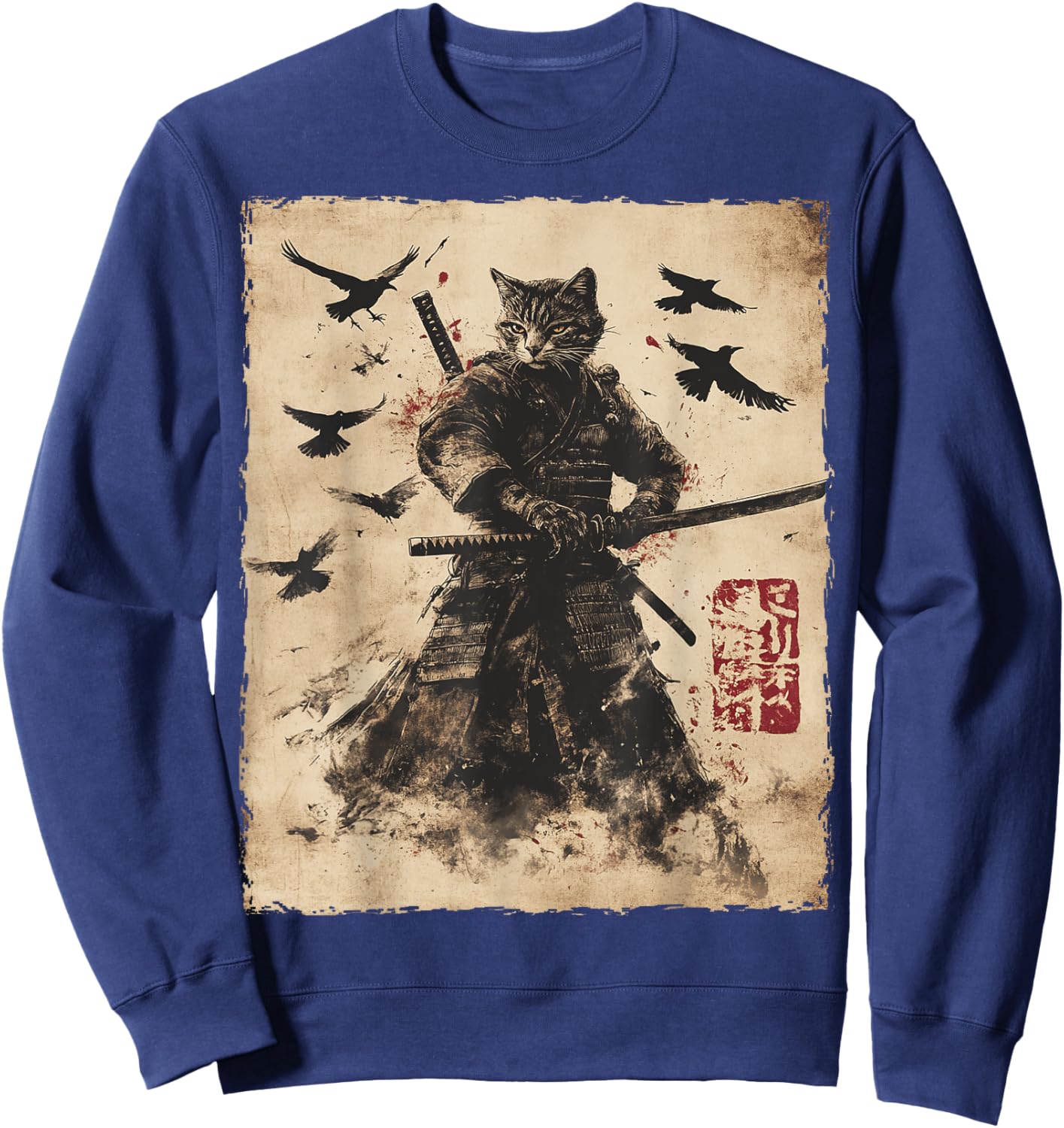 Cat Samurai Graphic Japanese Warrior Anime Men Women Kids Sweatshirt - Sweatshirt | Navy