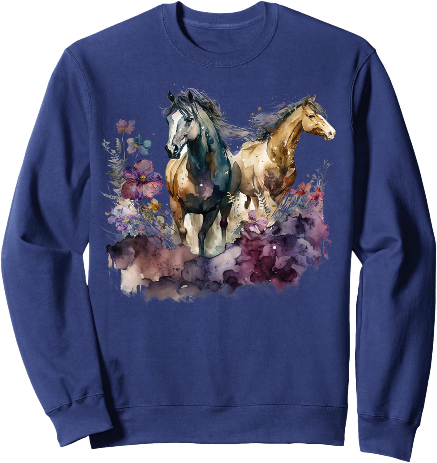 Horses Flowers Wild Mane Boho Western Southern Cowgirl Sweatshirt - Sweatshirt | Navy
