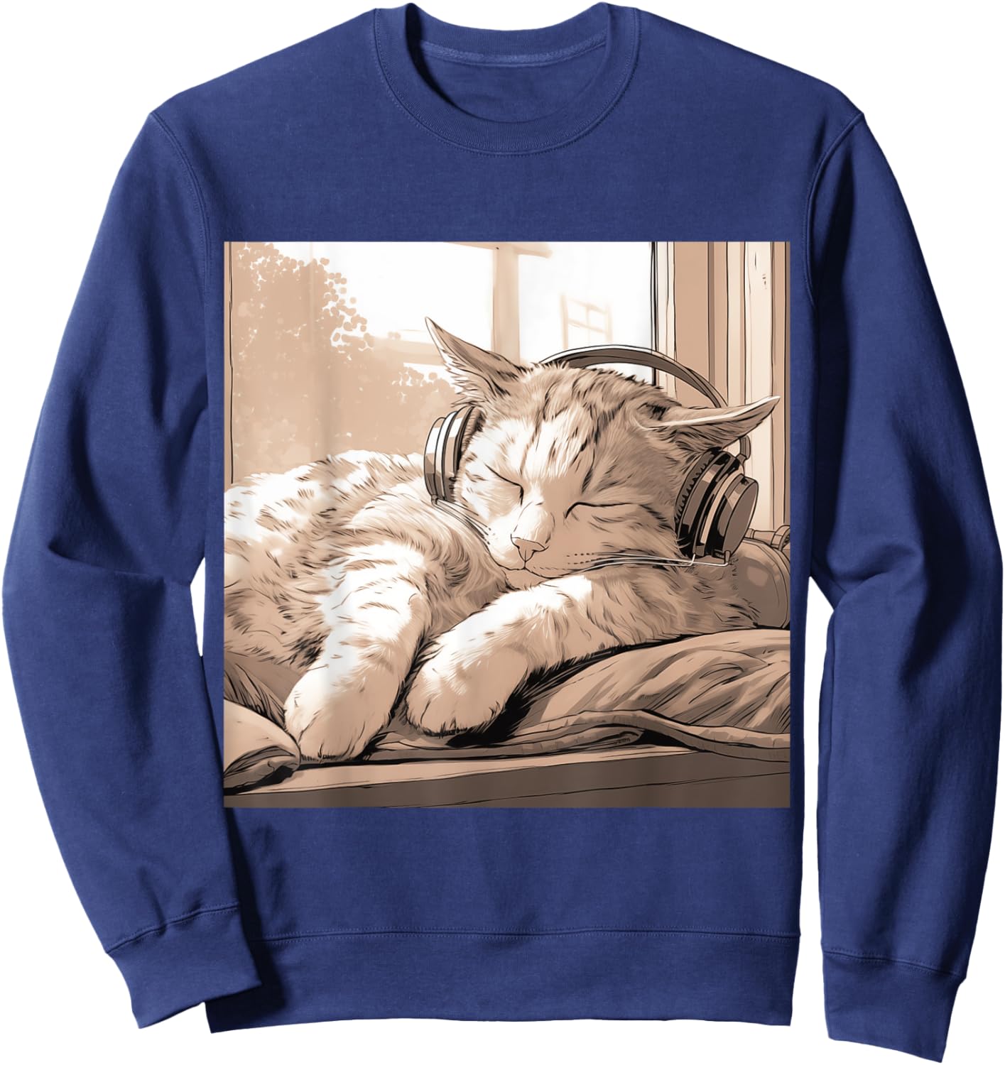 Sleeping Lo-Fi Manga Cat Wearing Headphones Sweatshirt - Sweatshirt | Navy