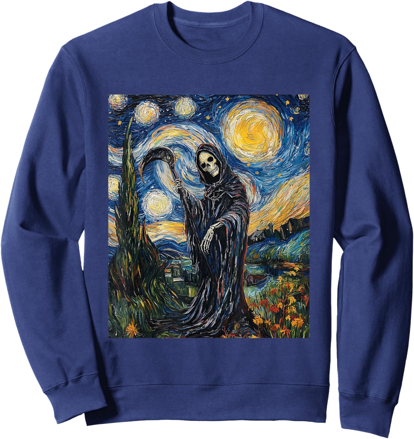 Grim Reaper Skeleton - Van Gogh Style - Starry Night Sweatshirt - Sweatshirt | Navy