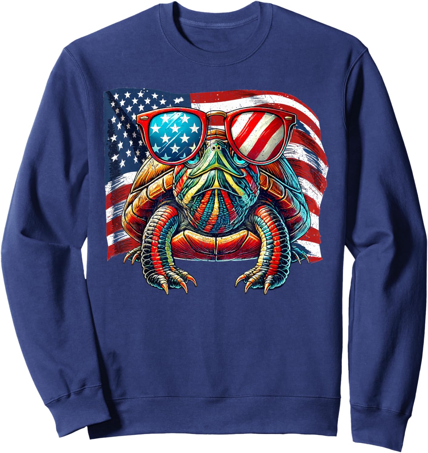 Red-Eared Slider Turtle USA Flag Patriotic Sunglasses Pets Sweatshirt - Sweatshirt | Navy