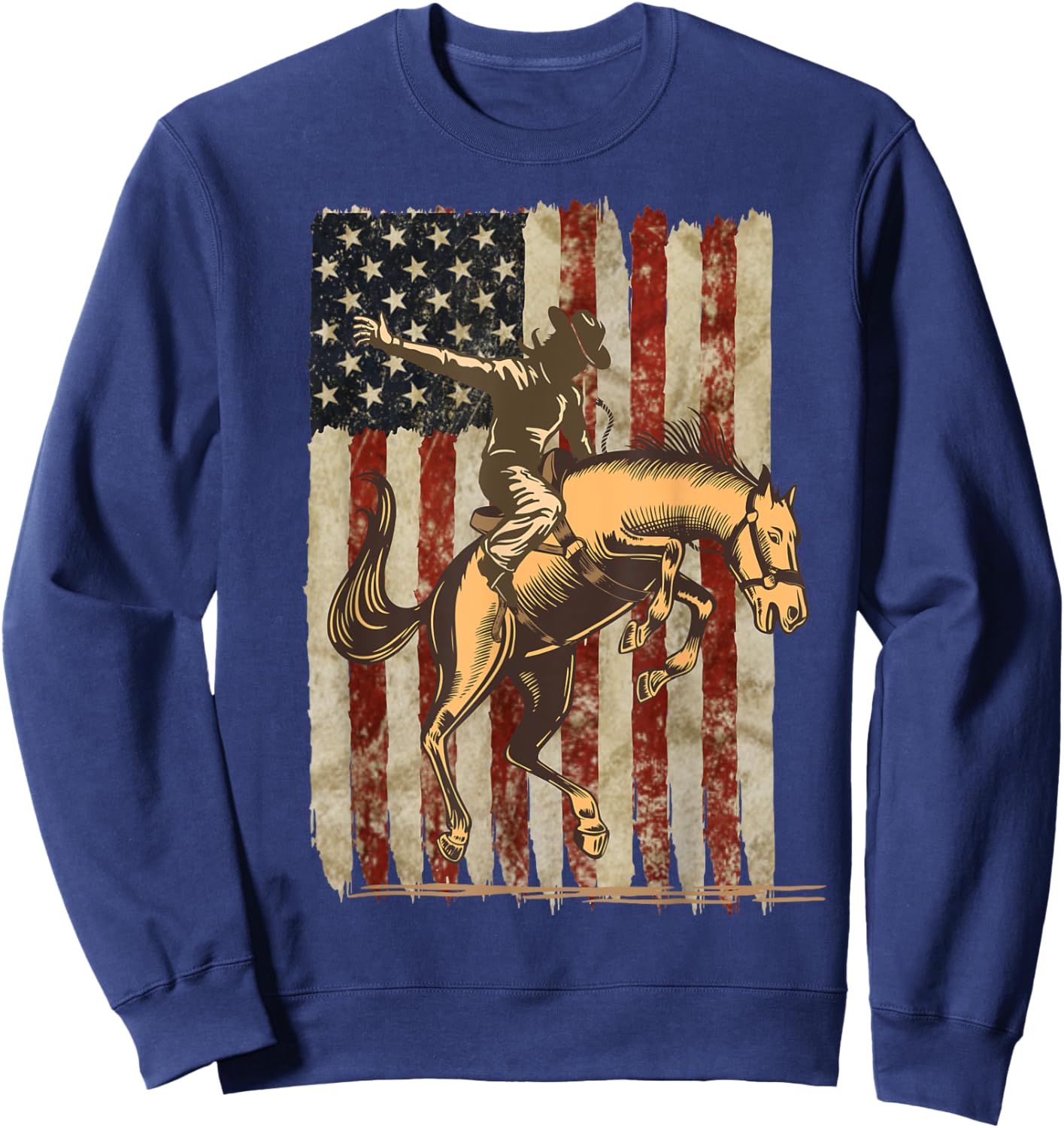 Patriotic Rodeo Cowboy Bronc Rider: Distressed US Flag Sweatshirt - Sweatshirt | Navy