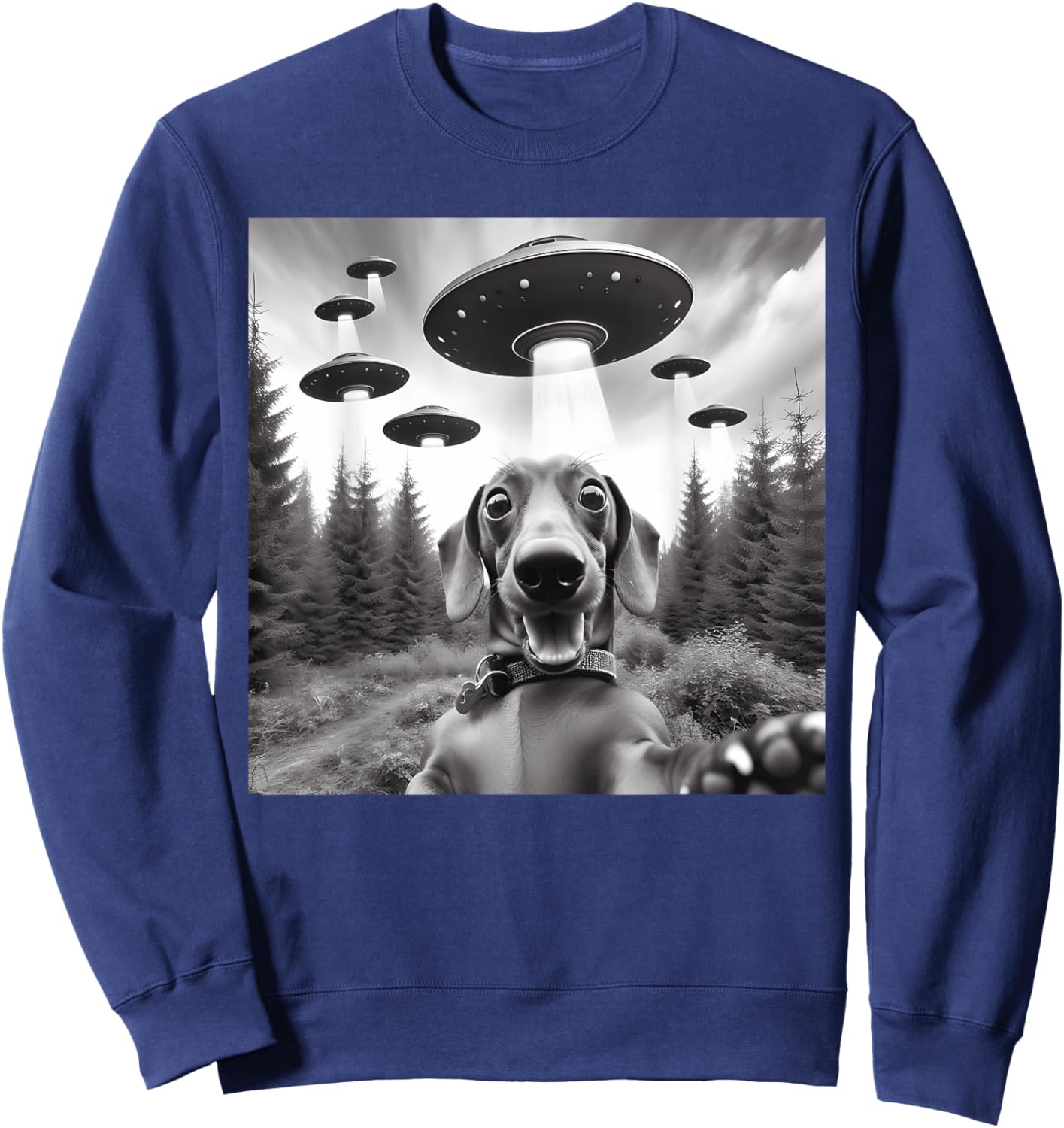 Dachshund Selfie with UFOs Outer Space Alien Kids Dog Owners Sweatshirt - Sweatshirt | Navy