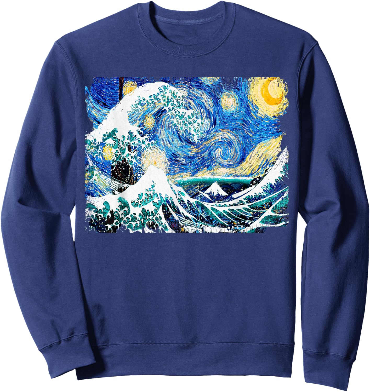 Starry Night and Great Wave Van Gogh Art Painting T Shirt Sweatshirt - Sweatshirt | Navy