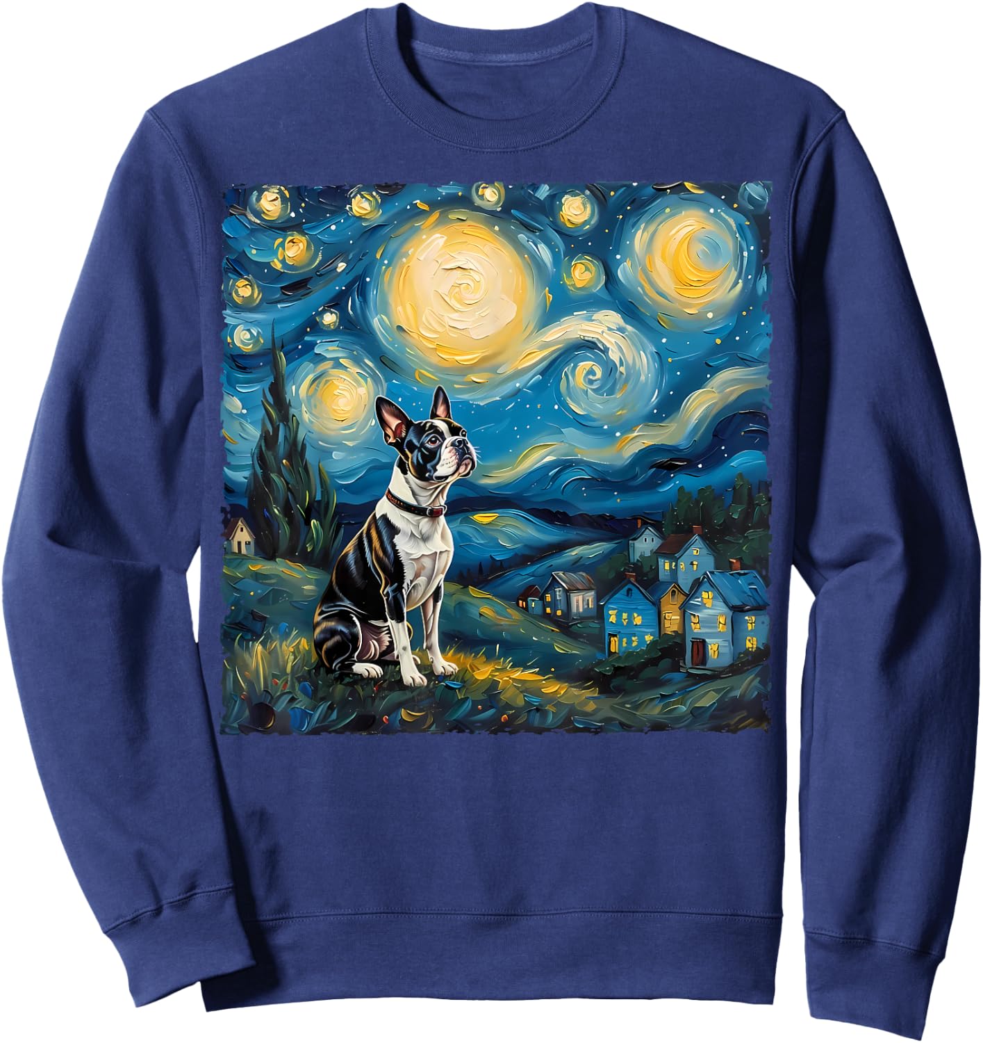 Boston Terrier Dog Lovers Starry Night Van Gogh Style Art Sweatshirt - Sweatshirt | Navy