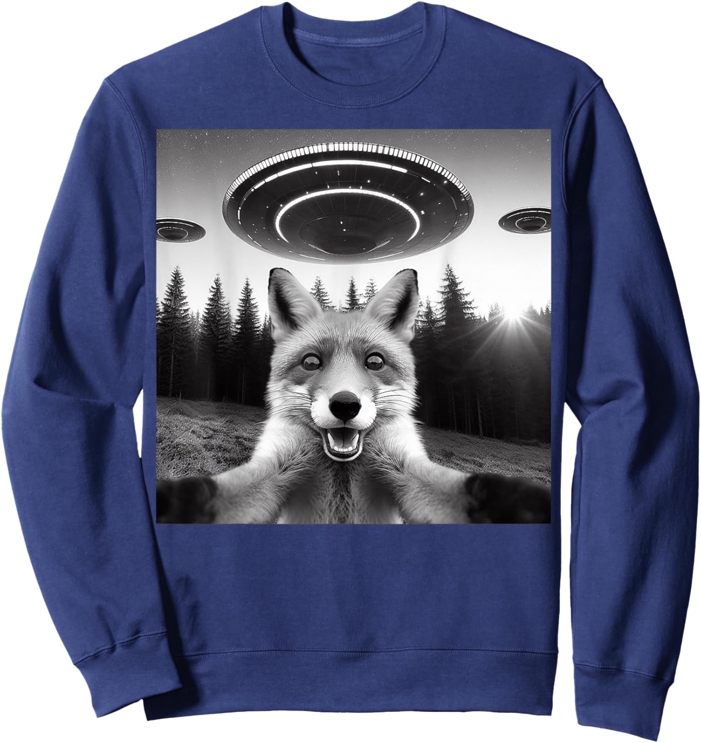 Fox Selfie With Alien UFO Funny Fox Gifts Women Kid Sweatshirt - Sweatshirt | Navy