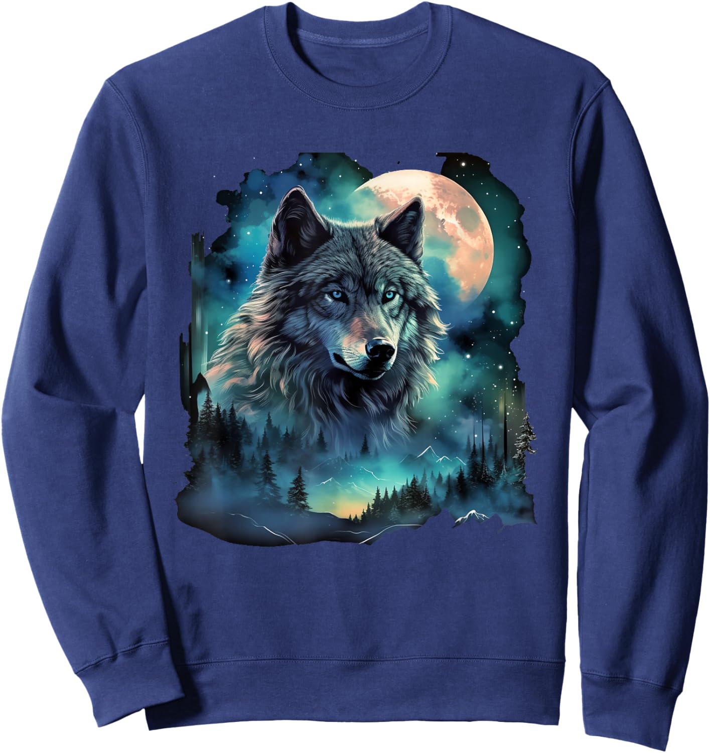 Grey Wolf Hunting Grounds ICY Moon Forest Galaxy Sweatshirt - Sweatshirt | Navy