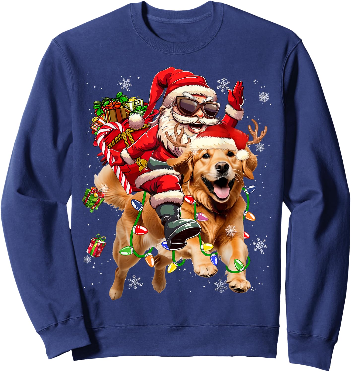 Merry Christmas 2025 Santa Riding Golden Retriever Dog Xmas Sweatshirt - Sweatshirt | Navy