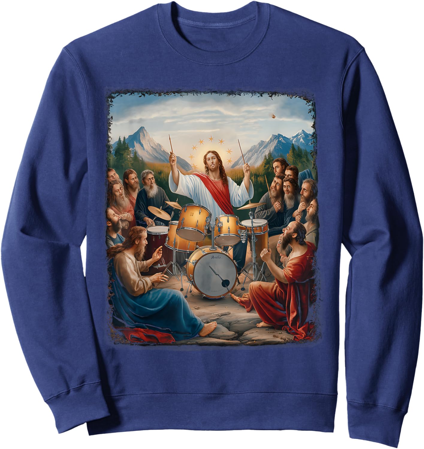 Jesus Playing Drums Funny Christian Drummer Painting Sweatshirt - Sweatshirt | Navy
