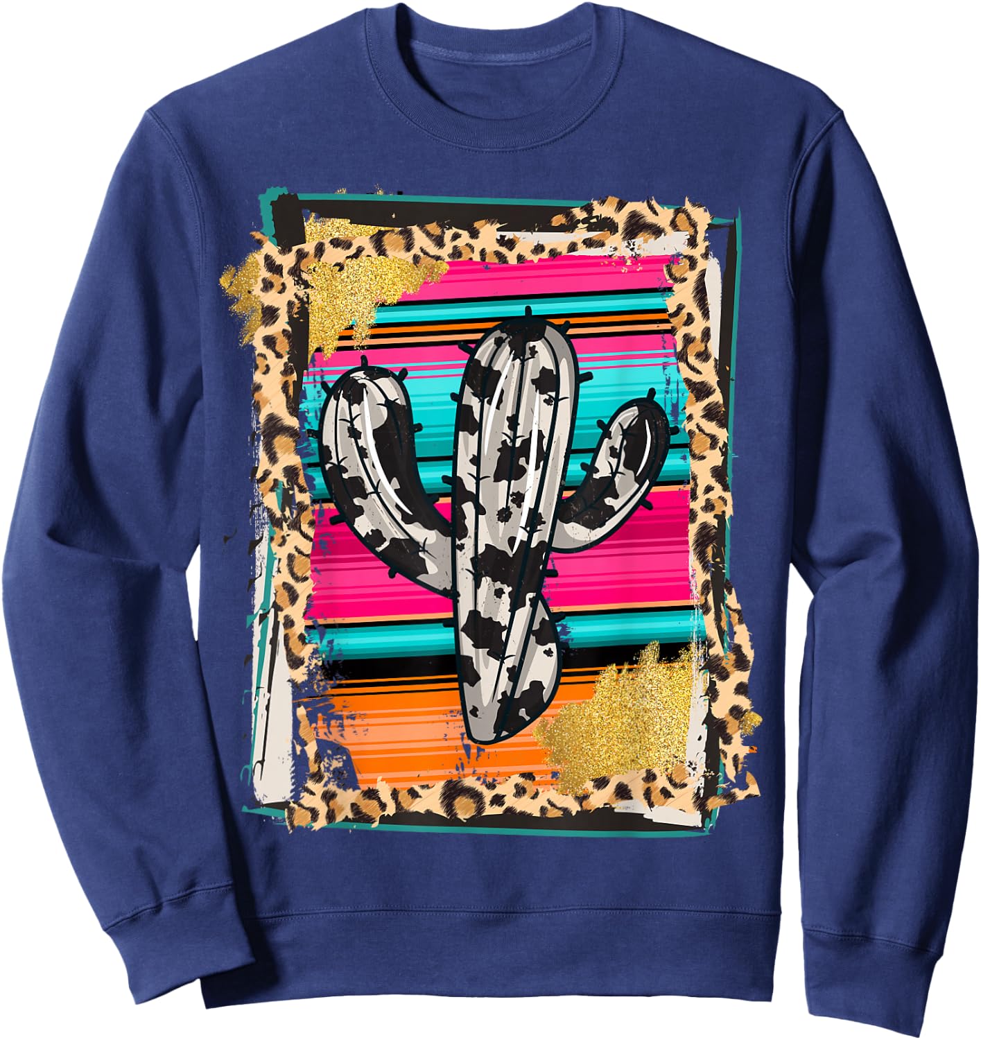 SERAPE CACTUS - Leopard Cow Pattern Print Cowgirl Rodeo Sweatshirt - Sweatshirt | Navy