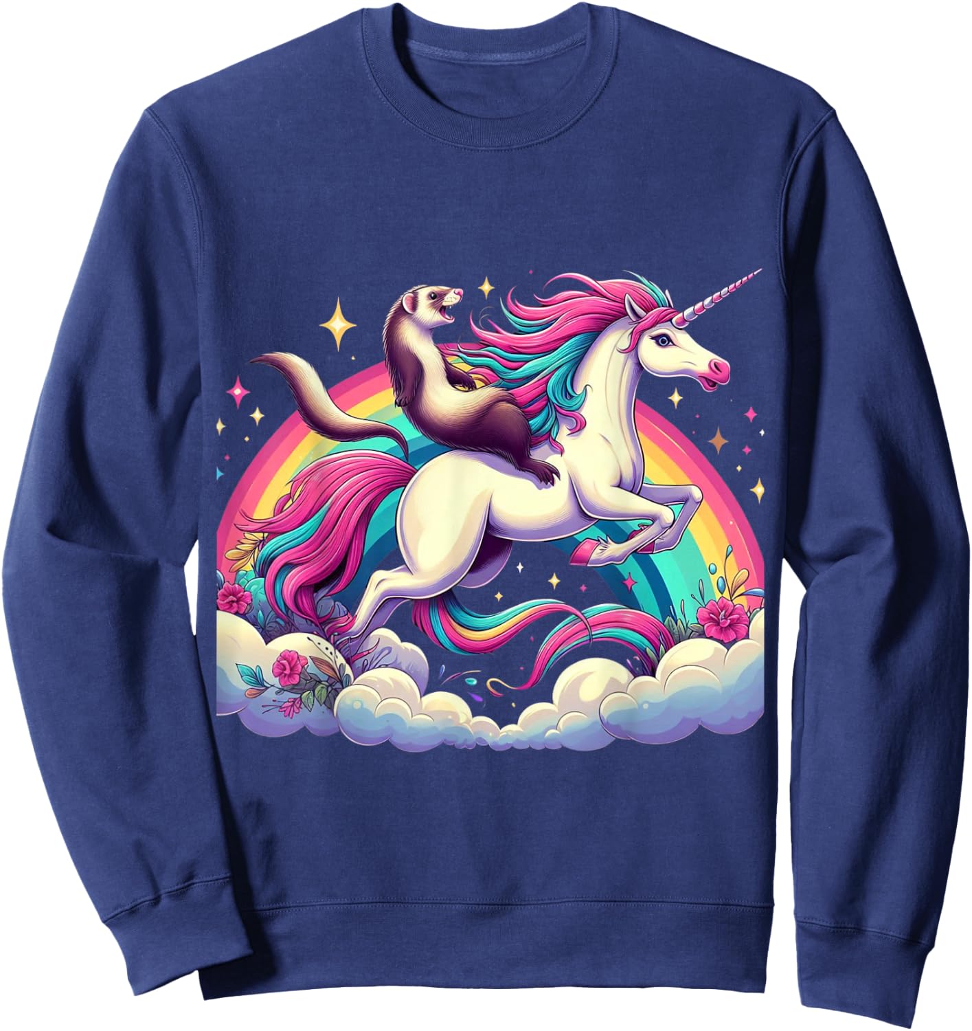 Ferret Riding Unicorn Boys Girls Men Women Kids Rainbow Sweatshirt - Sweatshirt | Navy