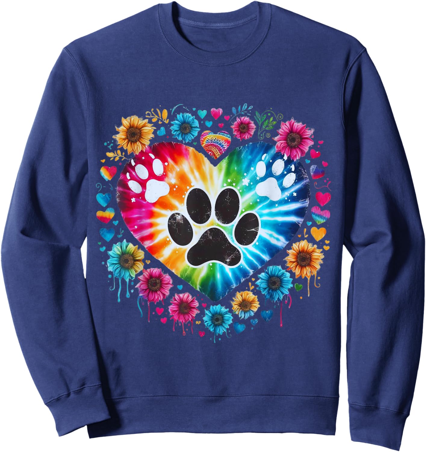 Tie Dye Love Dog Paw Print Heart Animal Lover Men Women Sweatshirt - Sweatshirt | Navy