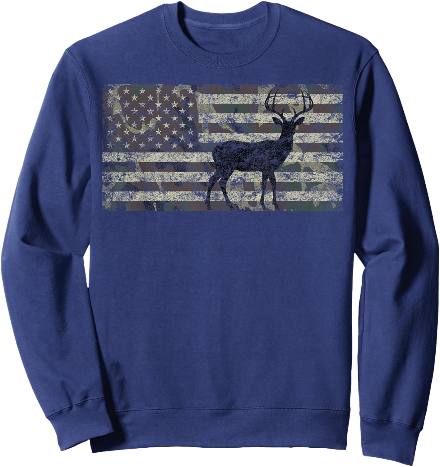 Deer Hunting Camo American Flag Buck Standing Hunter Country Sweatshirt - Sweatshirt | Navy