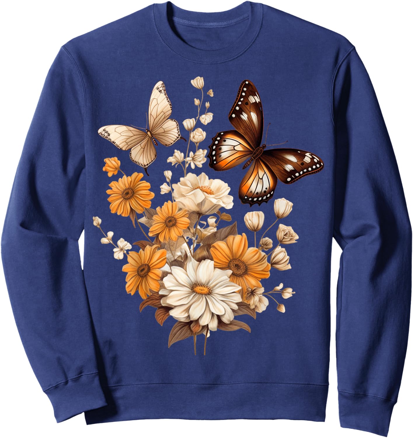 Vintage Pressed Flowers Butterflies Floral Boho Wildflowers Sweatshirt - Sweatshirt | Navy