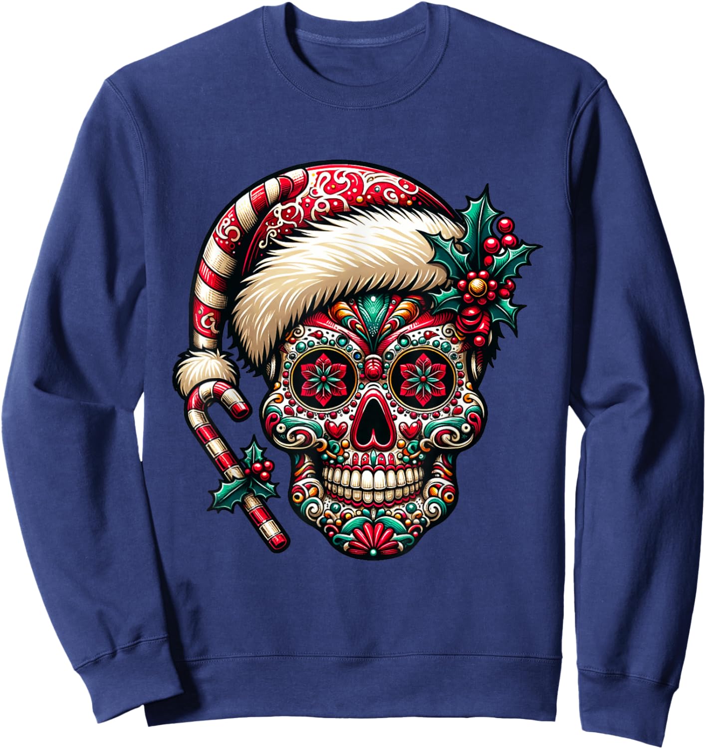 Christmas Sugar Skull Santa Hat Day Of The Dead Xmas Holiday Sweatshirt - Sweatshirt | Navy