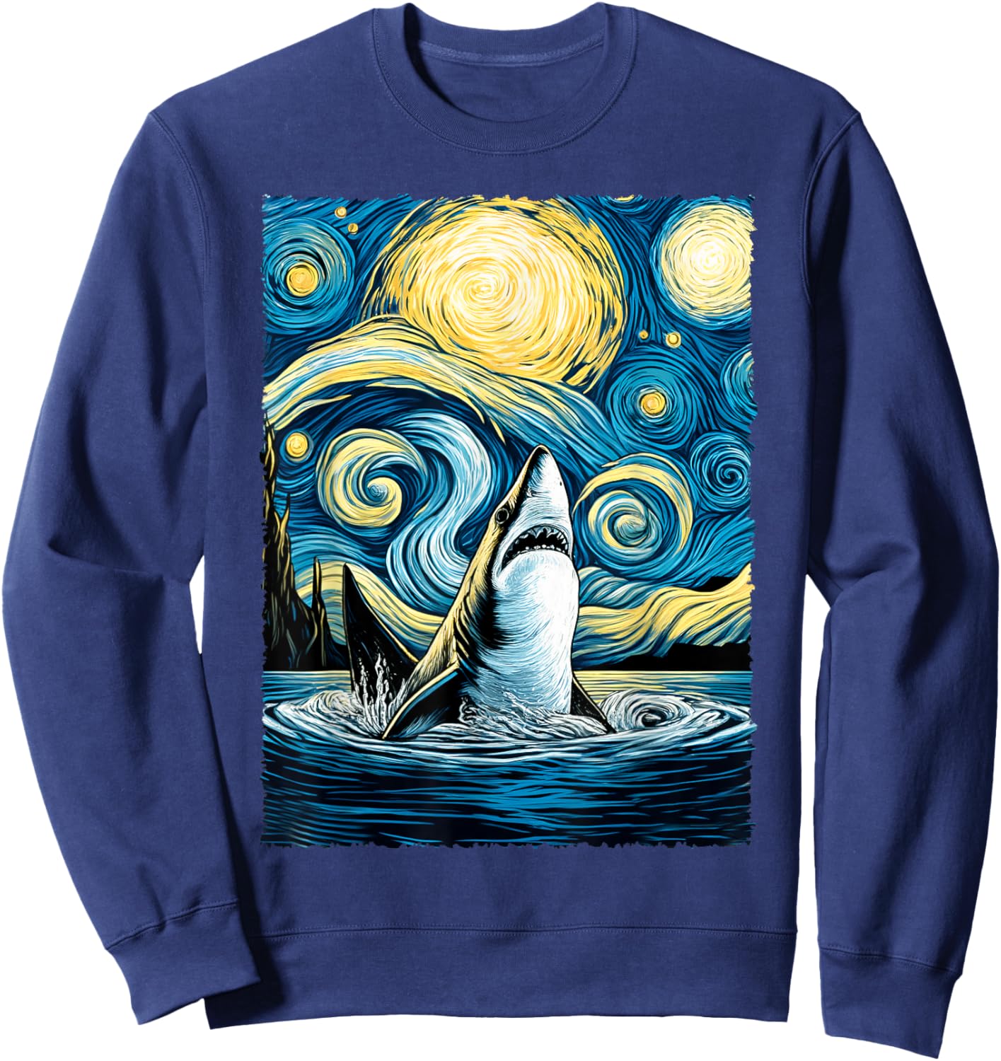 Graphic Art Shark Starry Night Drawing Artwork Cute Shark Sweatshirt - Sweatshirt | Navy