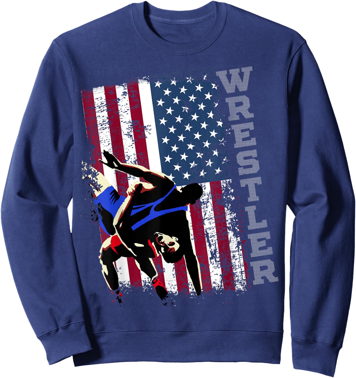 Distressed Look Wrestling American Flag Gift Men Sweatshirt - Sweatshirt | Navy