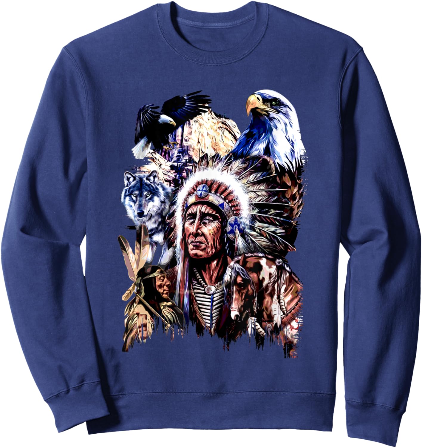 American Indigenous Art Native Indian Chief Headdress Sweatshirt - Sweatshirt | Navy