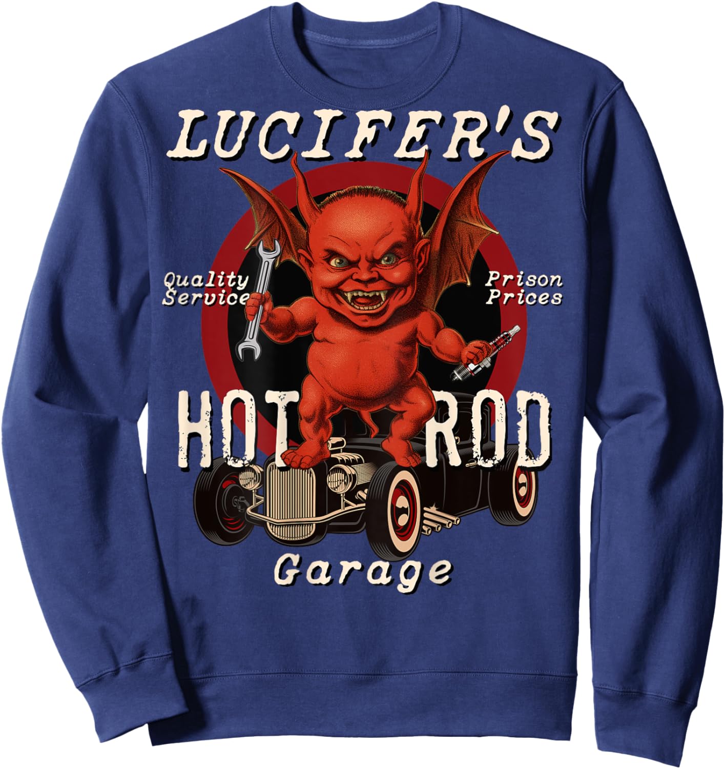 The Dirty Gringo Lucifer's Hot Rod Garage Fat Devil Mechanic Retro Rockabilly - Black - Small - -Adults - Short Sleeve - Cotton, Polyester Blend Sweatshirt - Sweatshirt | Navy