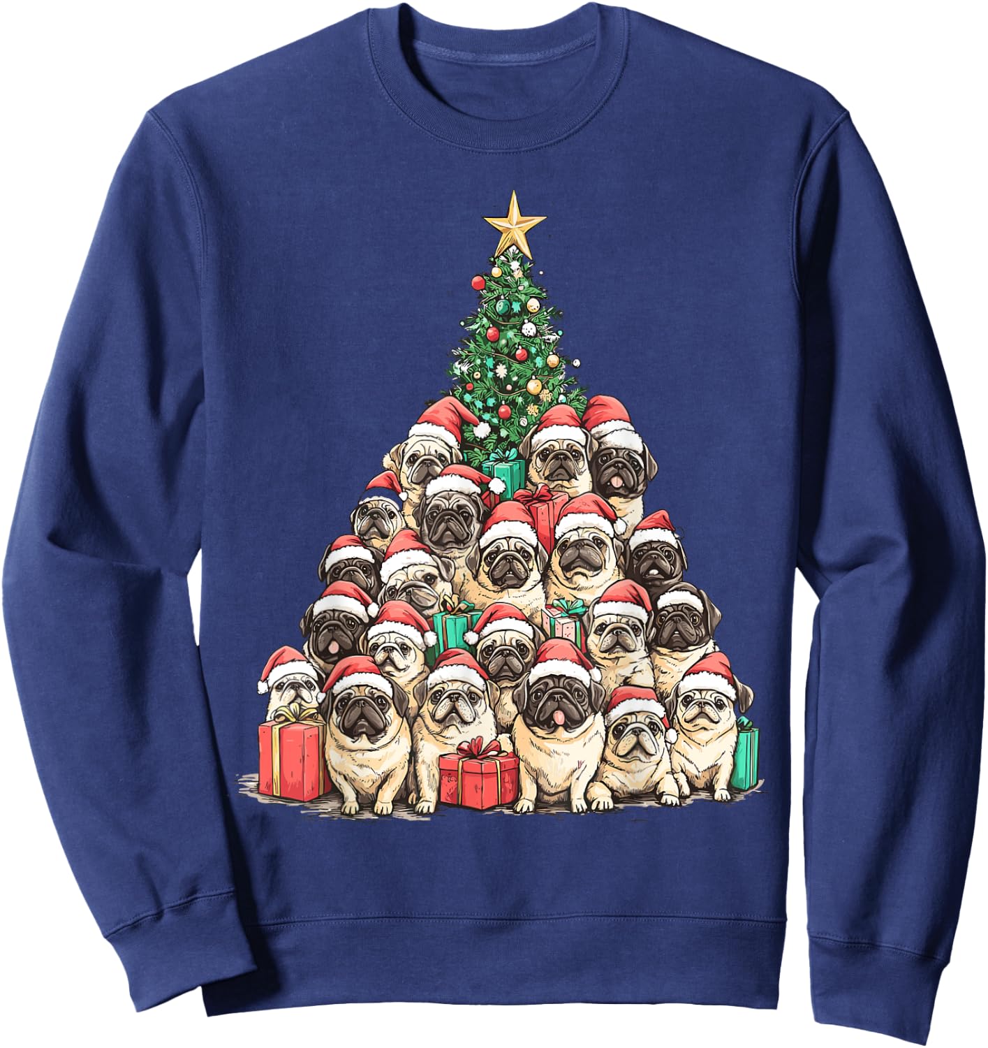 Pekingese Santa Christmas Tree Funny Xmas Dog Lover Pajama Sweatshirt - Sweatshirt | Navy
