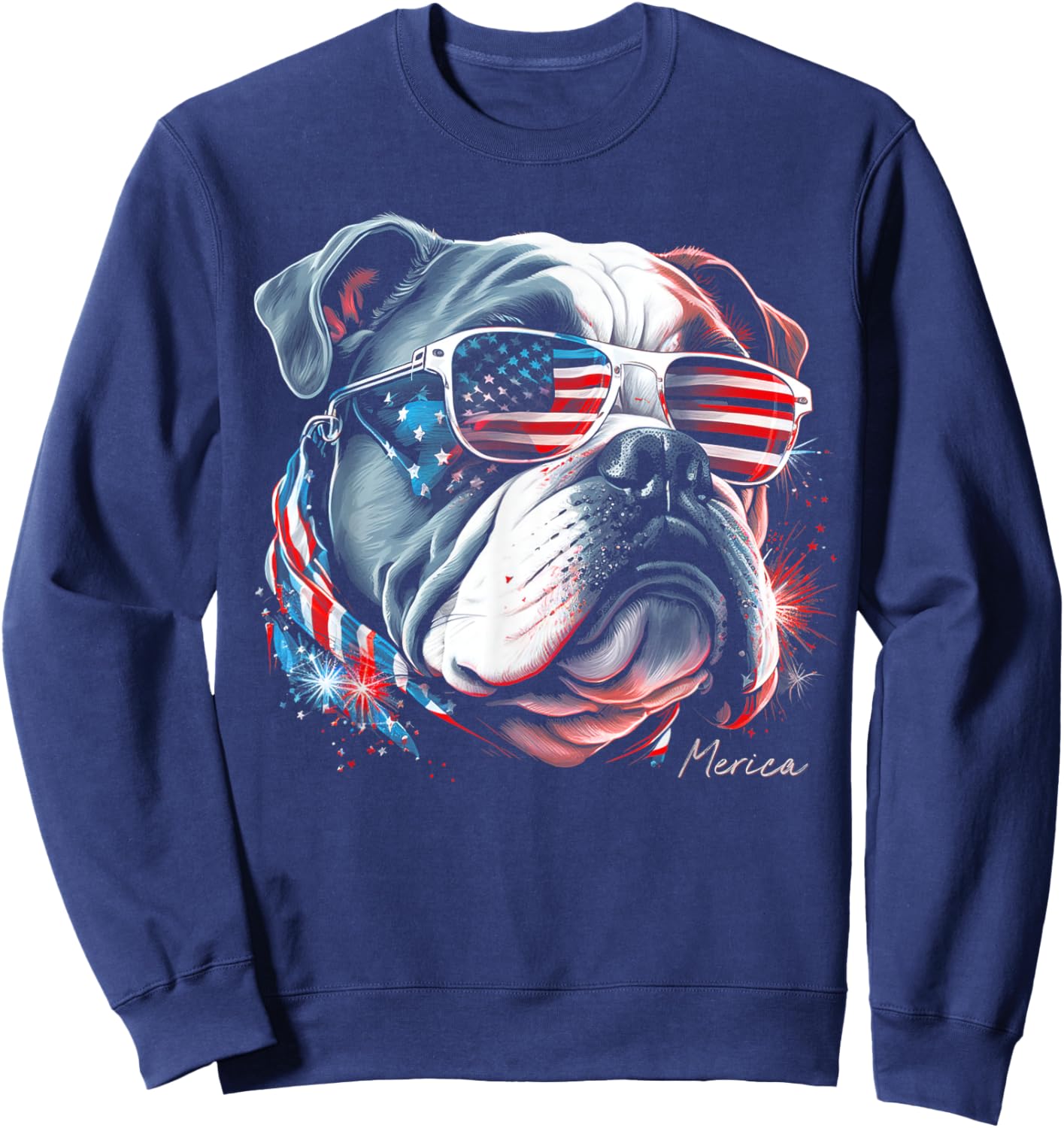 English Bulldog Dog 4th of July American Flag USA Funny Sweatshirt - Sweatshirt | Navy