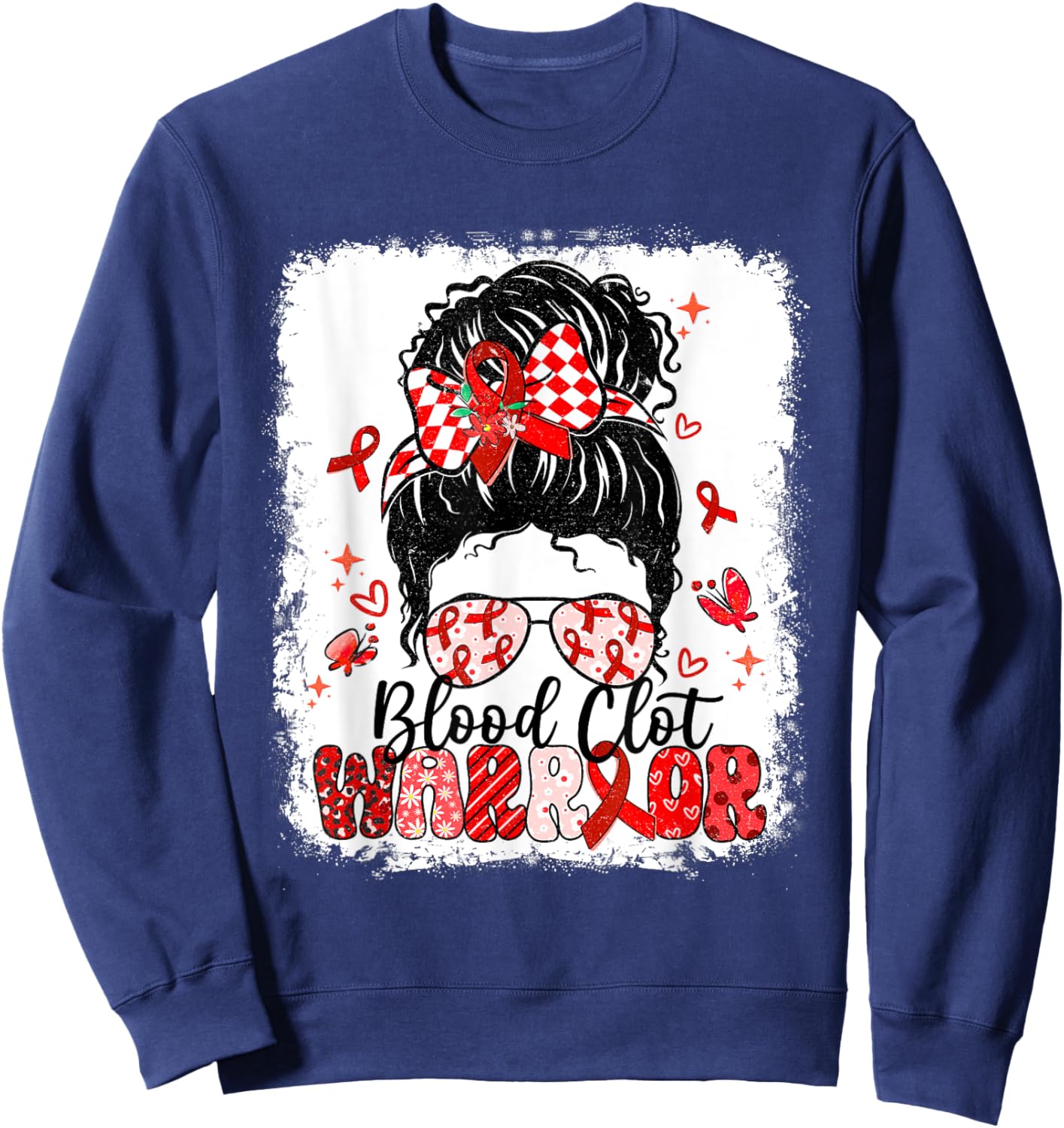 Warrior Messy Bun Red Ribbon Blood Clot Awareness Sweatshirt - Sweatshirt | Navy