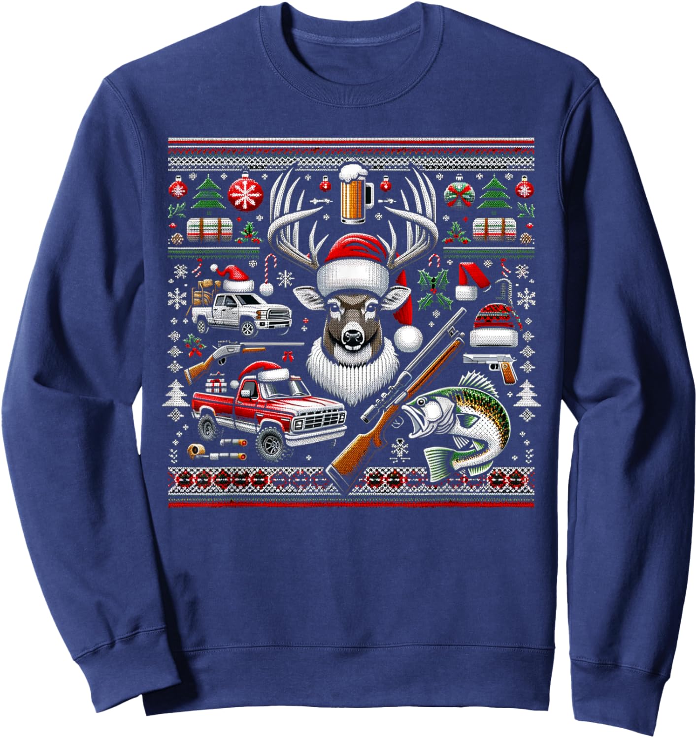 Deer Hunting Bass Fishing Redneck Ugly Christmas Sweatshirt - Sweatshirt | Navy