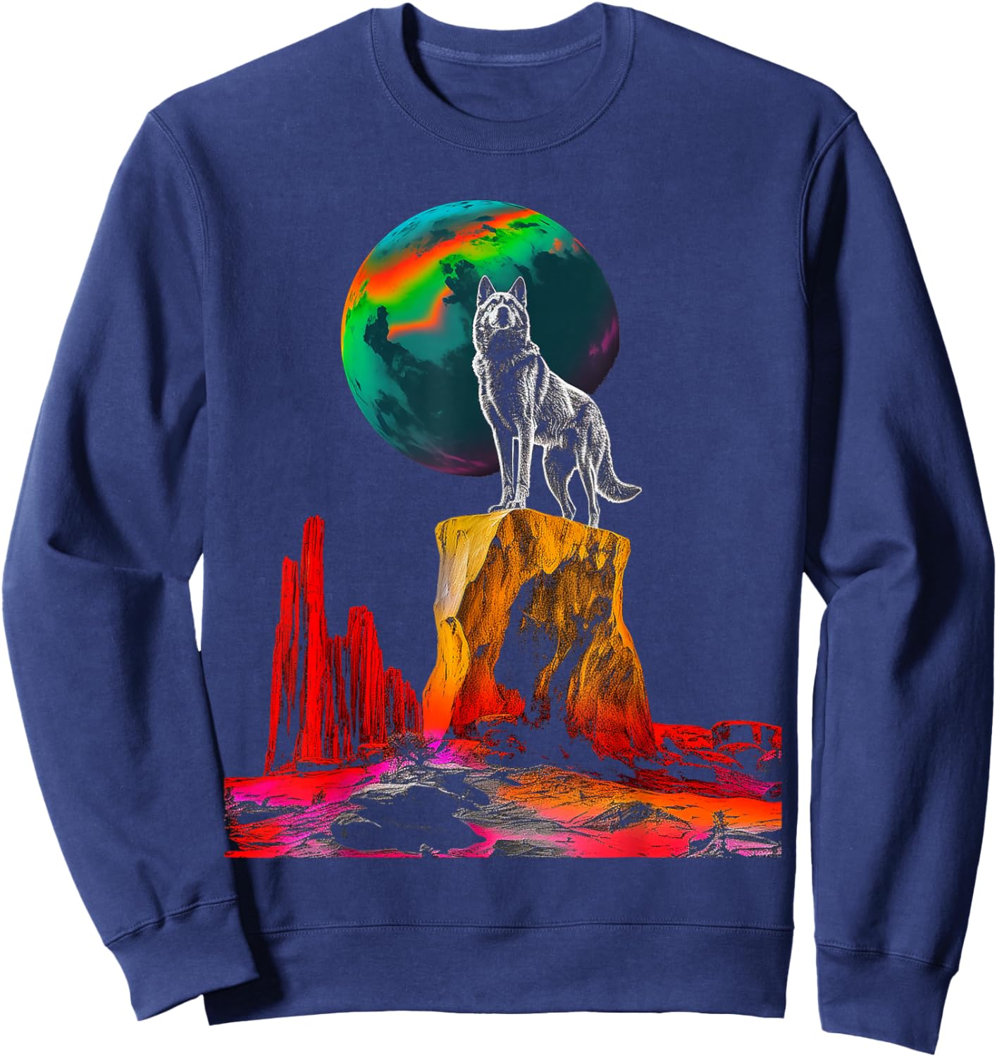 Wolf Moon Colorful Animal Nature Stones Art Wolf Sweatshirt - Sweatshirt | Navy