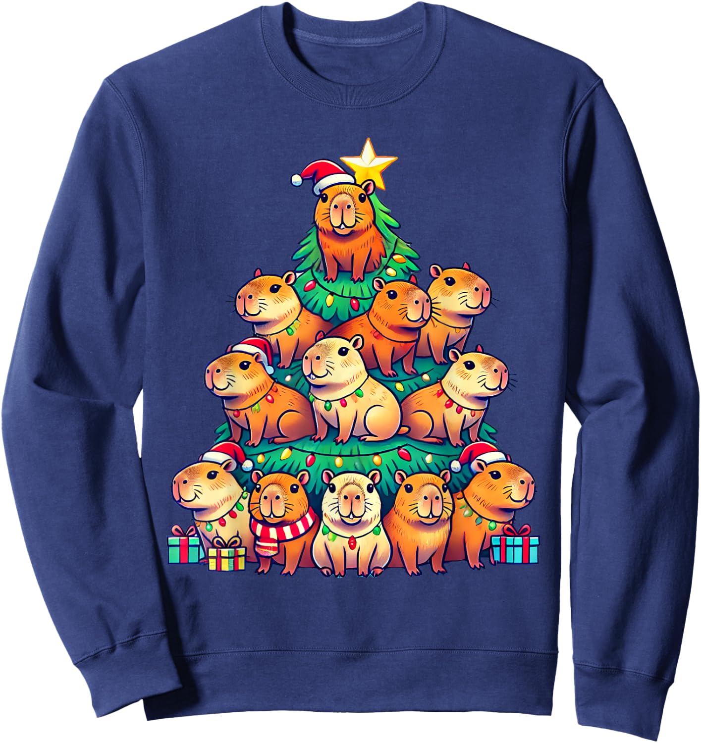Capybara Christmas Tree Apparel -Adult Capybara Xmas Sweatshirt - Sweatshirt | Navy