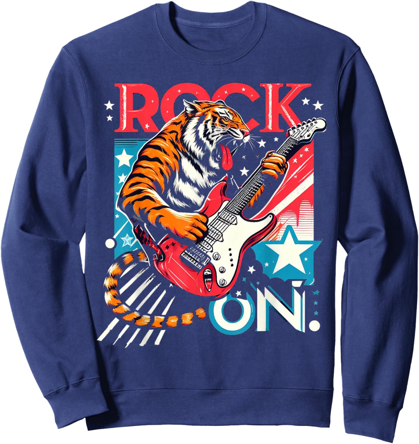 Tiger Man Rock on Playing Guitar Music Vintage Guitarist Sweatshirt - Sweatshirt | Navy