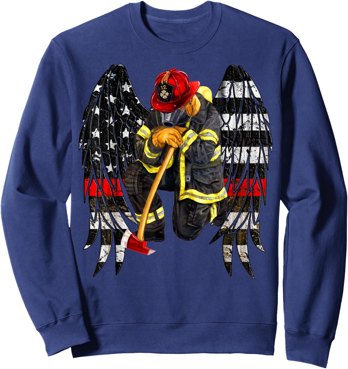 Firefighters Flag Angel Wings Gift Kneel firefighter prayer Sweatshirt - Sweatshirt | Navy