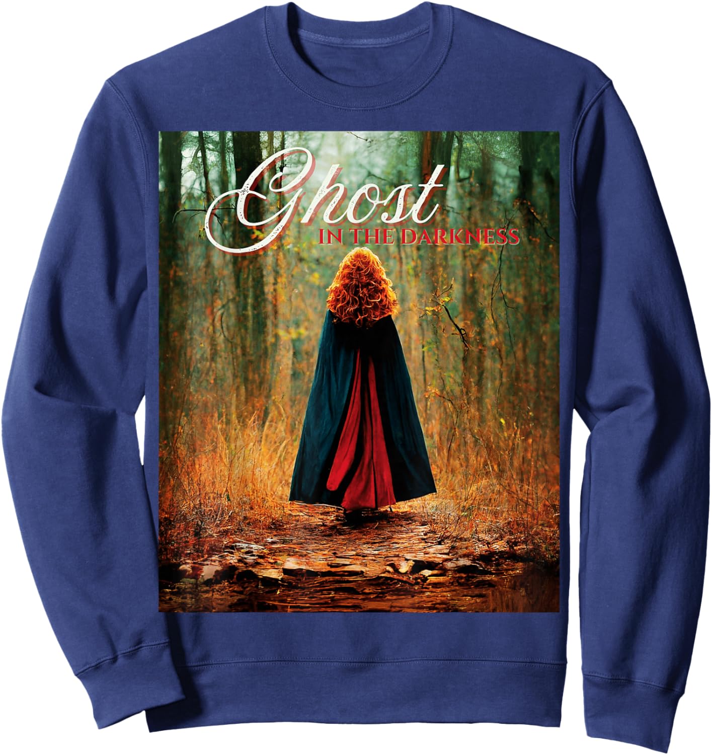 Ghost in the Darkness Halloween Graphic , -Adults, Black, Small, Short Sleeve, Classic Fit Sweatshirt - Sweatshirt | Navy