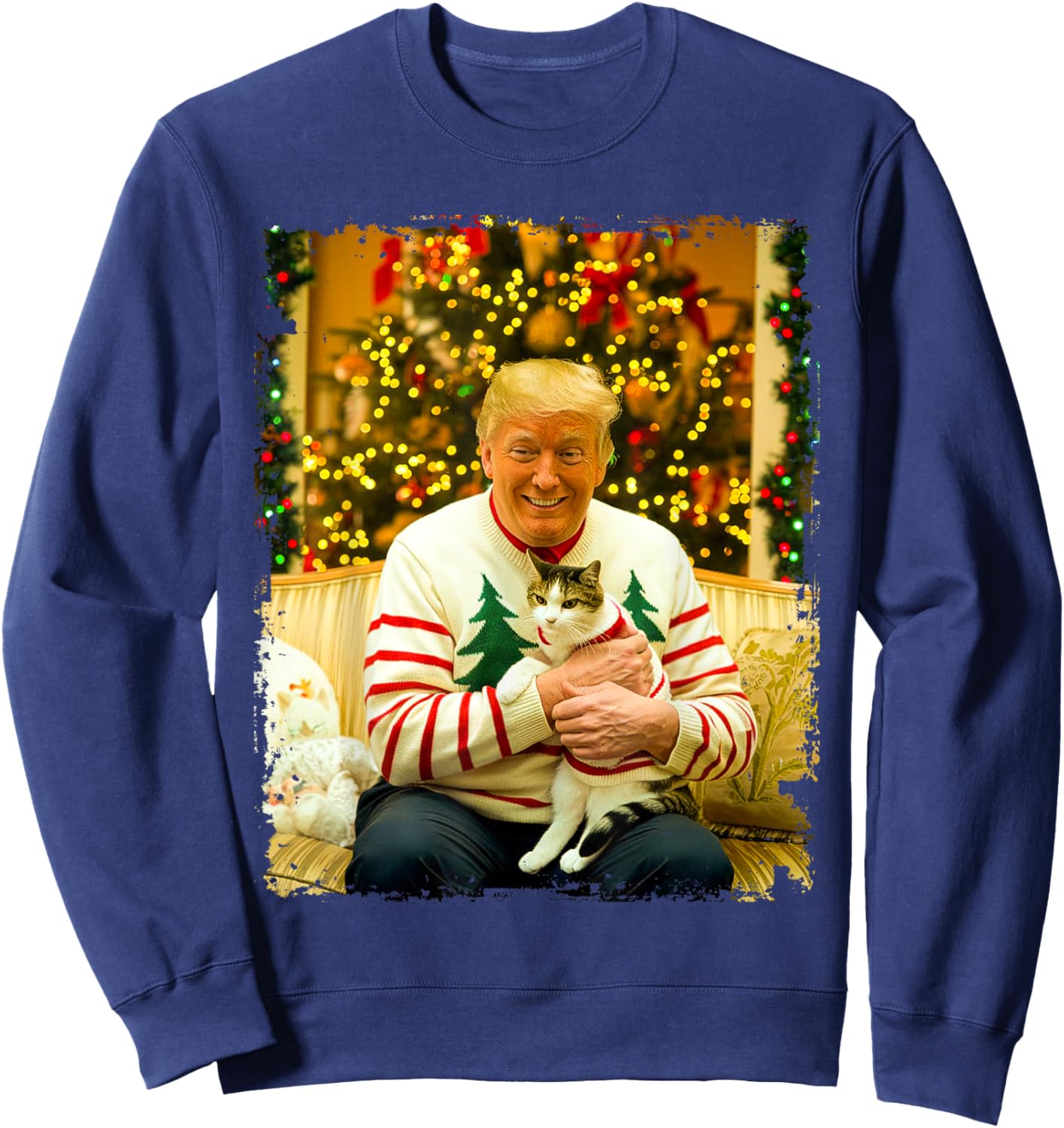 Funny Trump Christmas Sweater for Cat Lovers Xmas Pajamas Sweatshirt - Sweatshirt | Navy